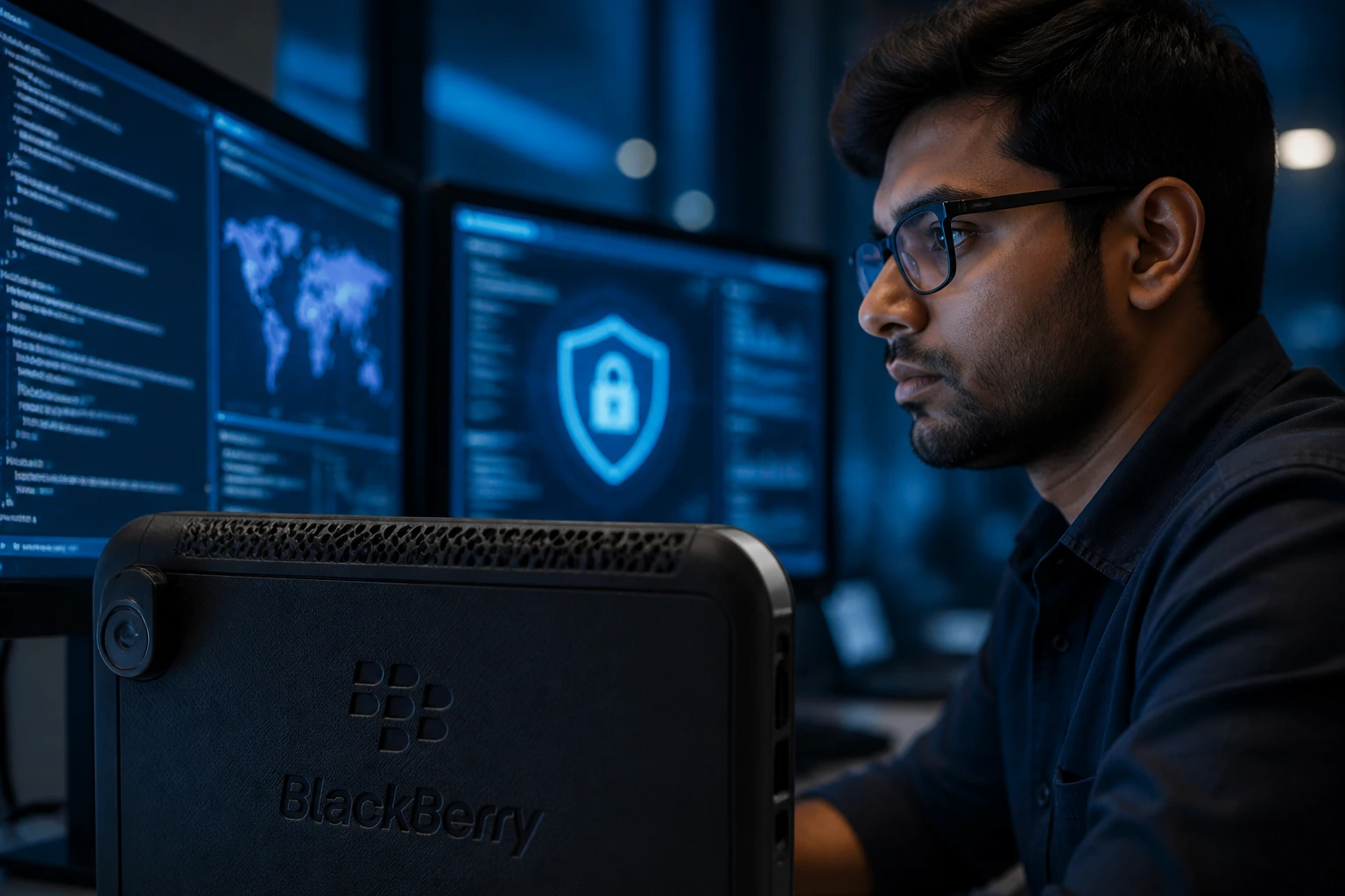 Close-up of a BlackBerry engineer at a security-focused workspace with abstract displays