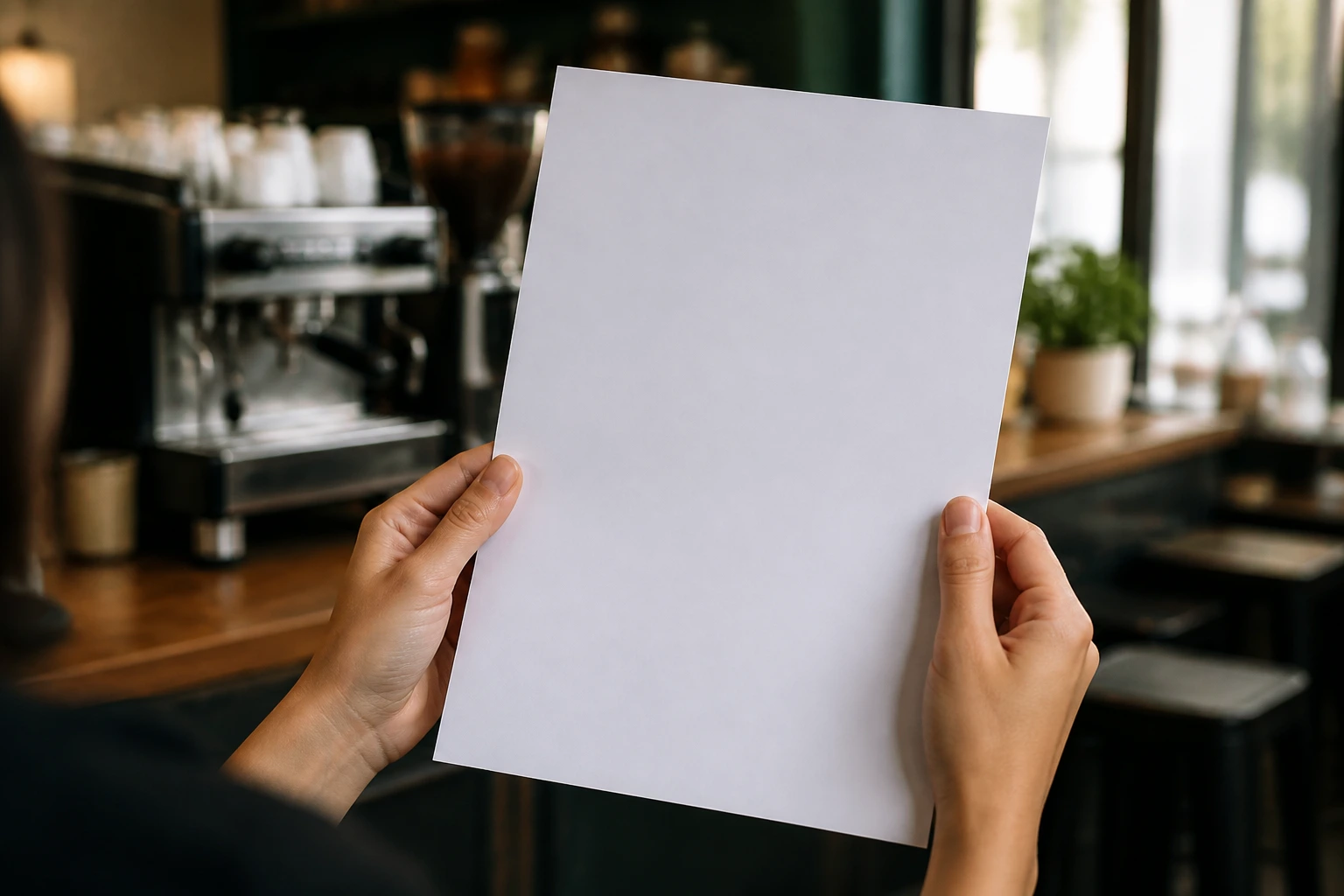 Hands holding a blank resume page in a cafe