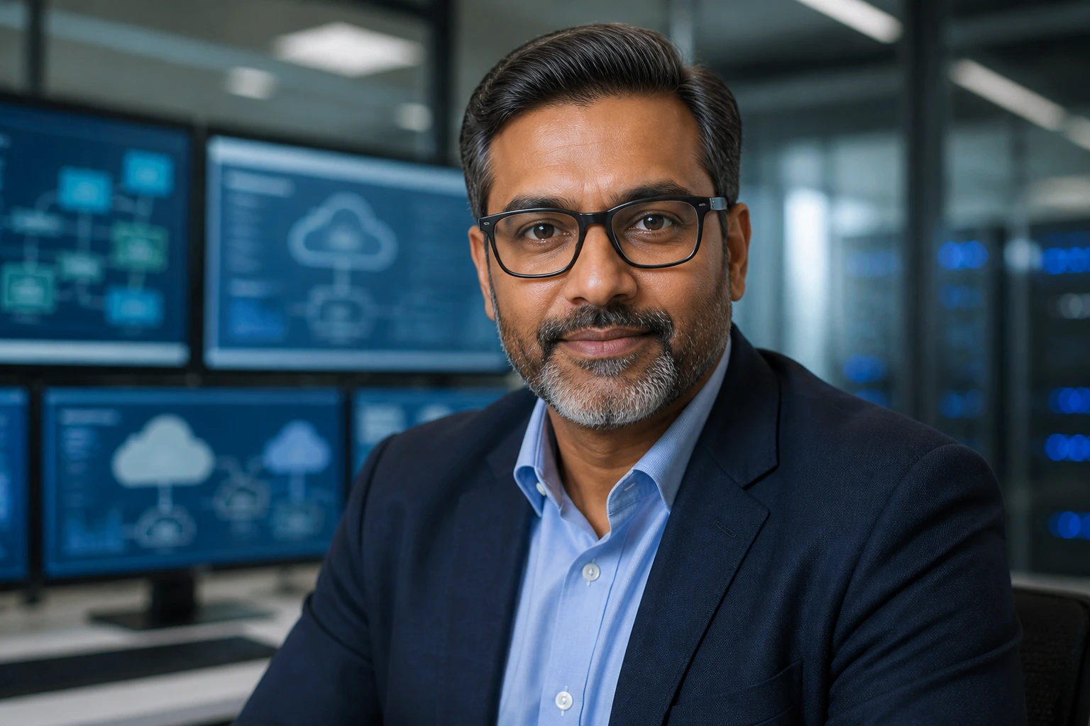 Close-up portrait of a BMO technology leader in a large enterprise office