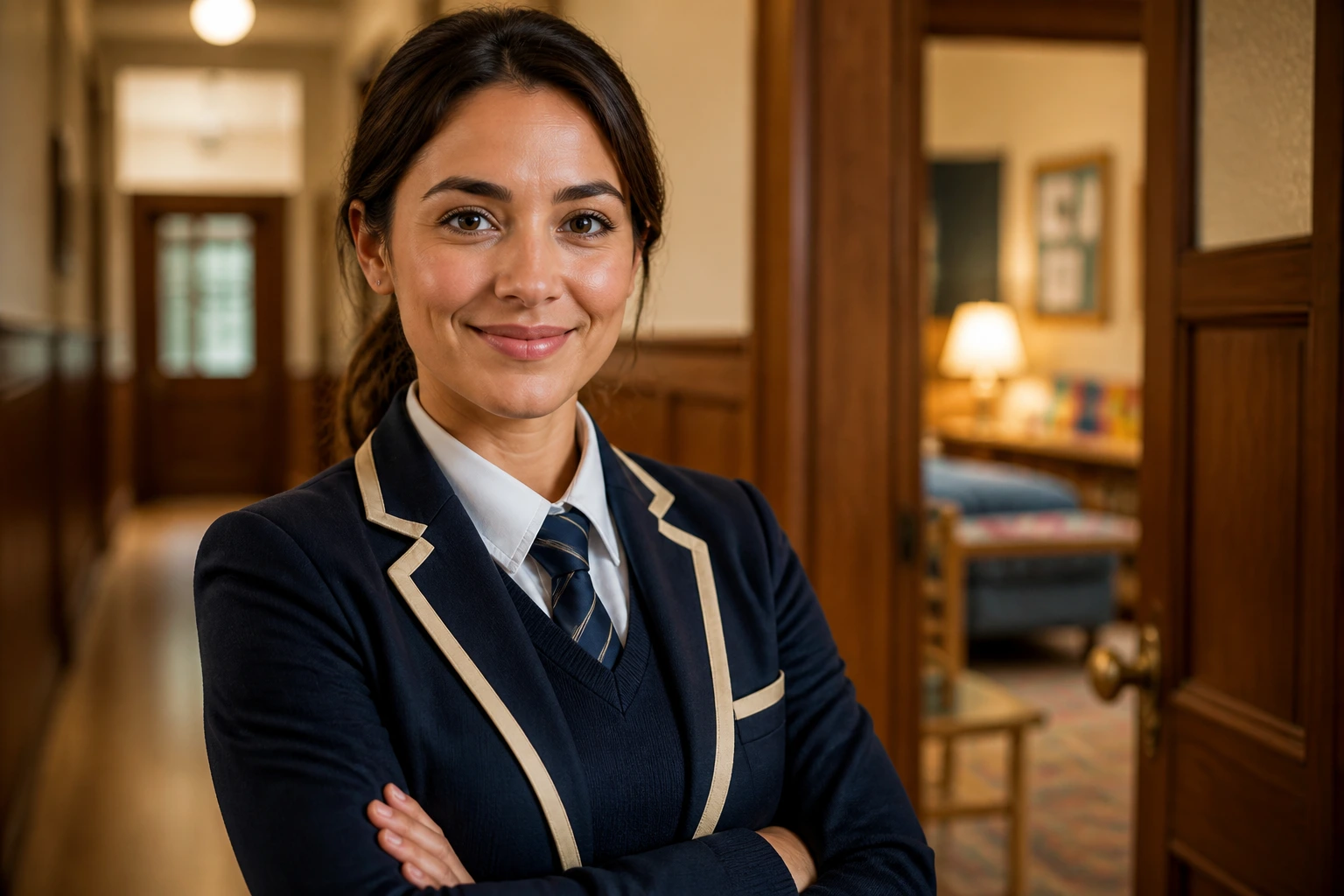 Boarding school staff member in hallway, professional attire