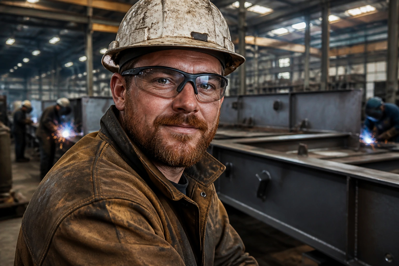 Close-up boilermaker portrait in Australian workshop with PPE