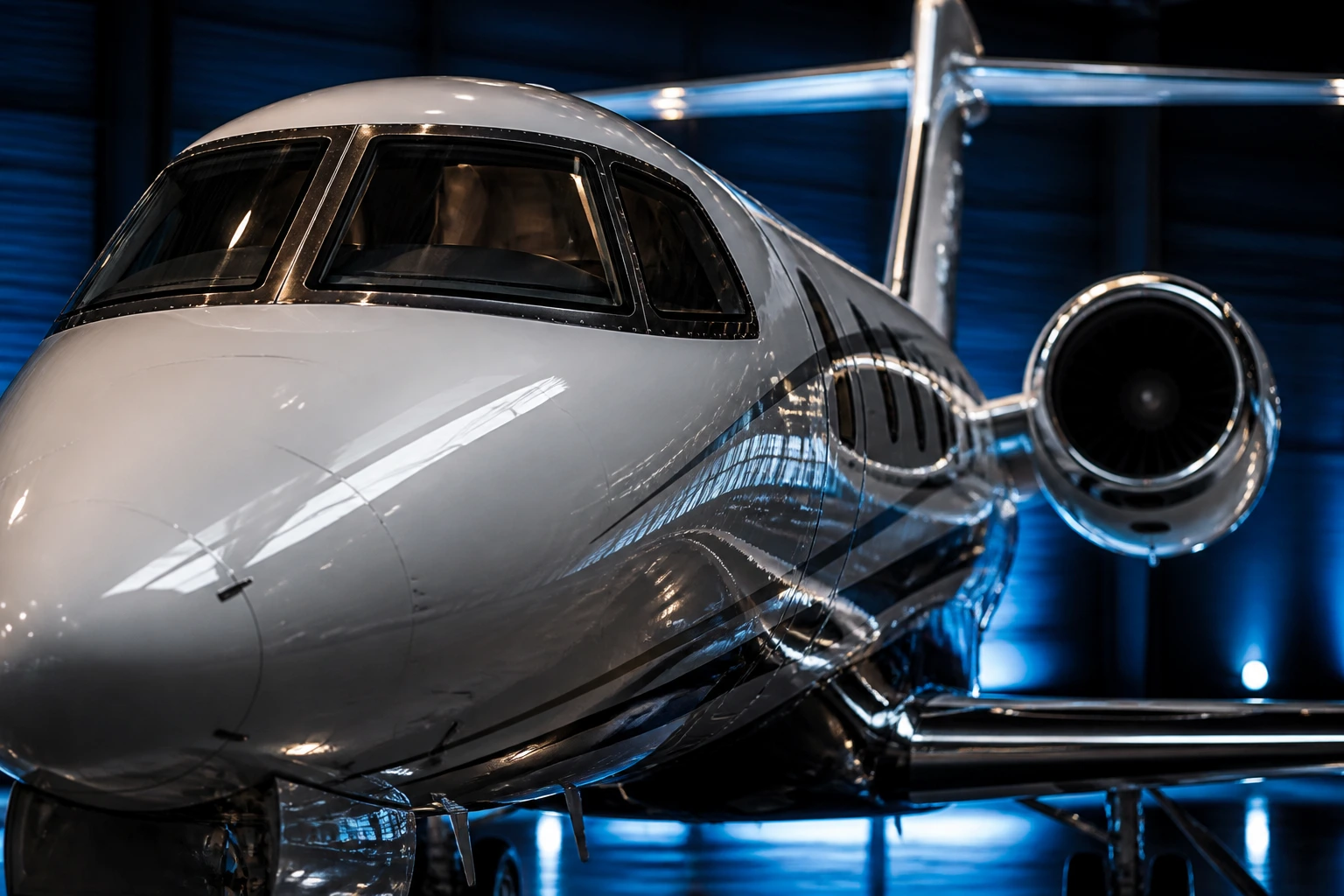 Close-up of a private jet nose and cockpit windows in a hangar.