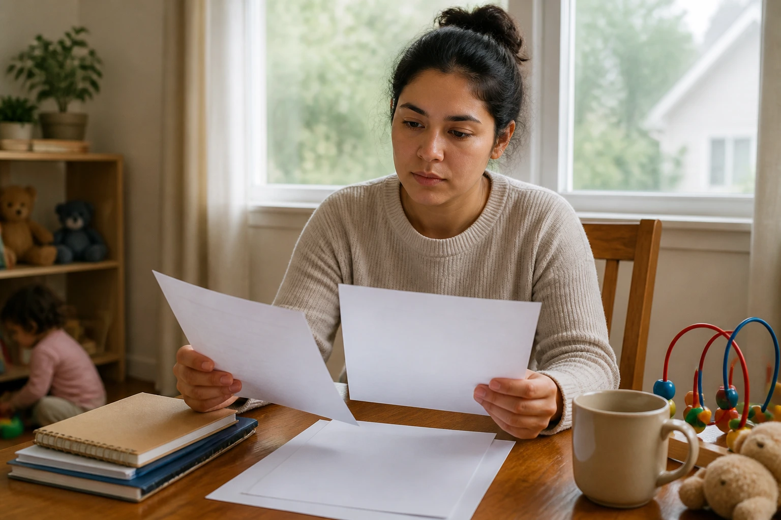 Person examining unmarked papers at a dining table