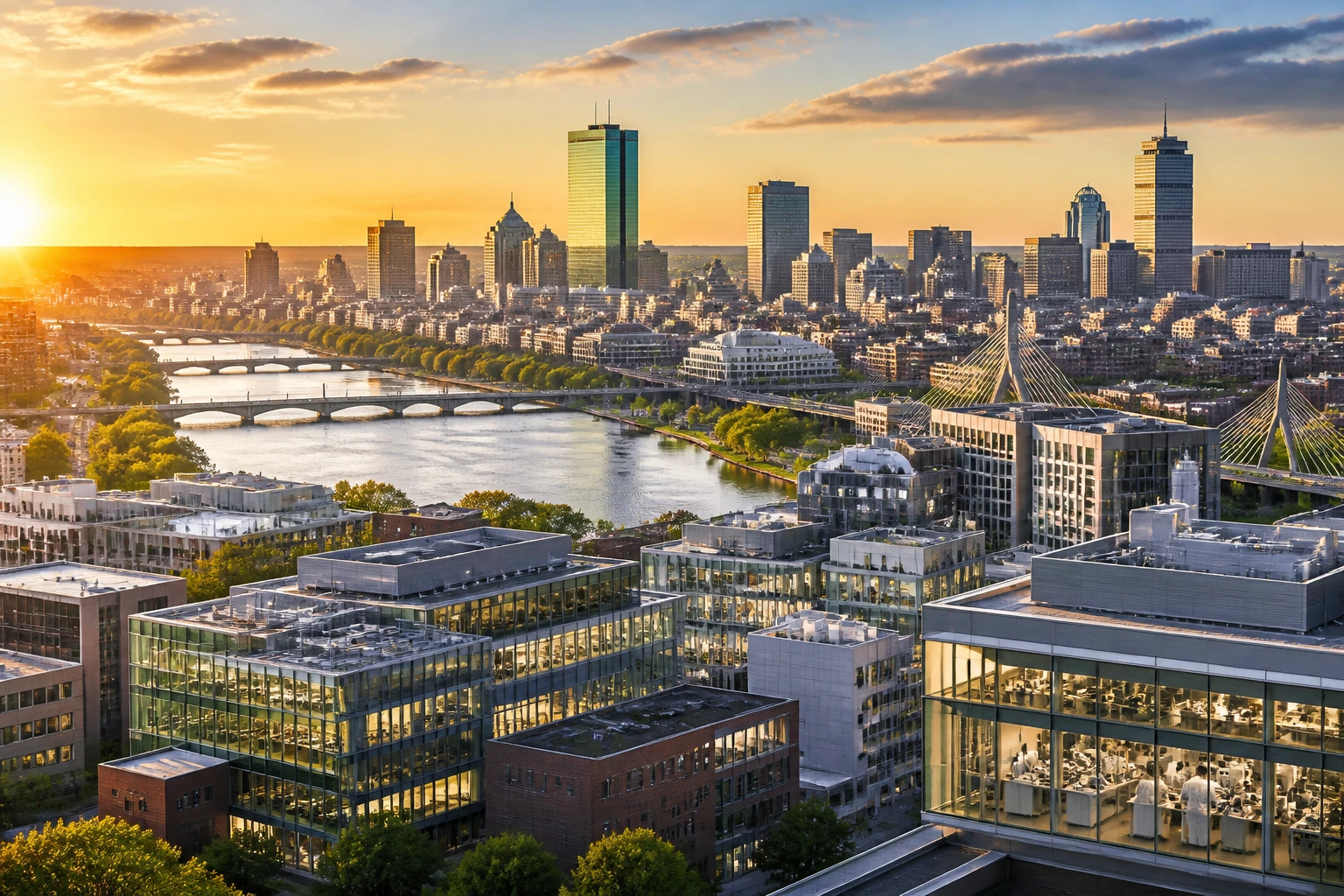 Boston skyline at golden hour with Cambridge in distance