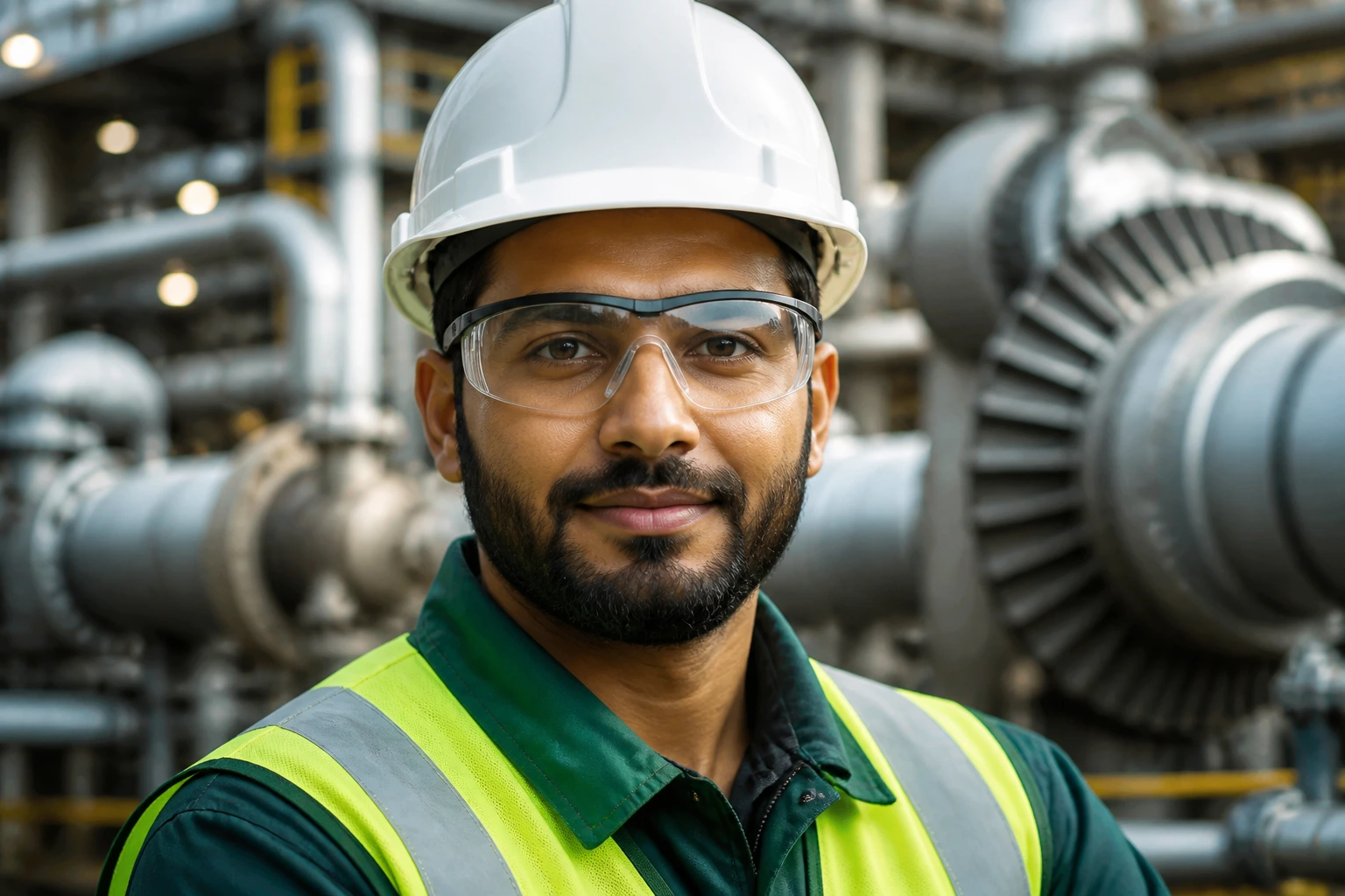 Close-up head-and-shoulders portrait of a BP engineer in safety gear at an energy facility