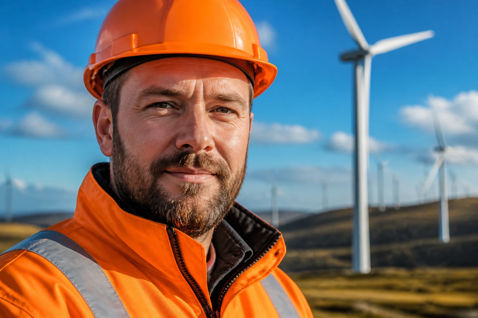 Close-up portrait of a real engineer in PPE at a wind farm, illustrating BP's energy transition