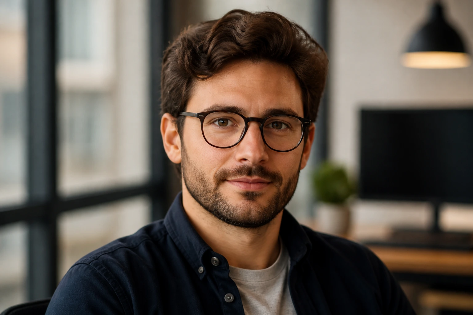 Close-up portrait of a software developer in a professional office setting, representing branding and visibility