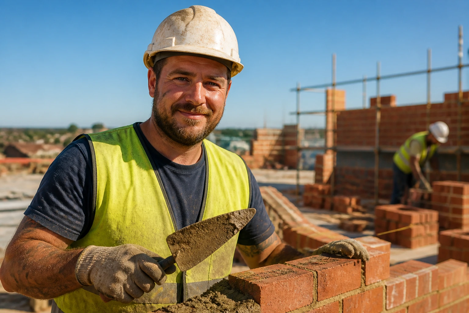 Bricklayer on site with bricks and wall