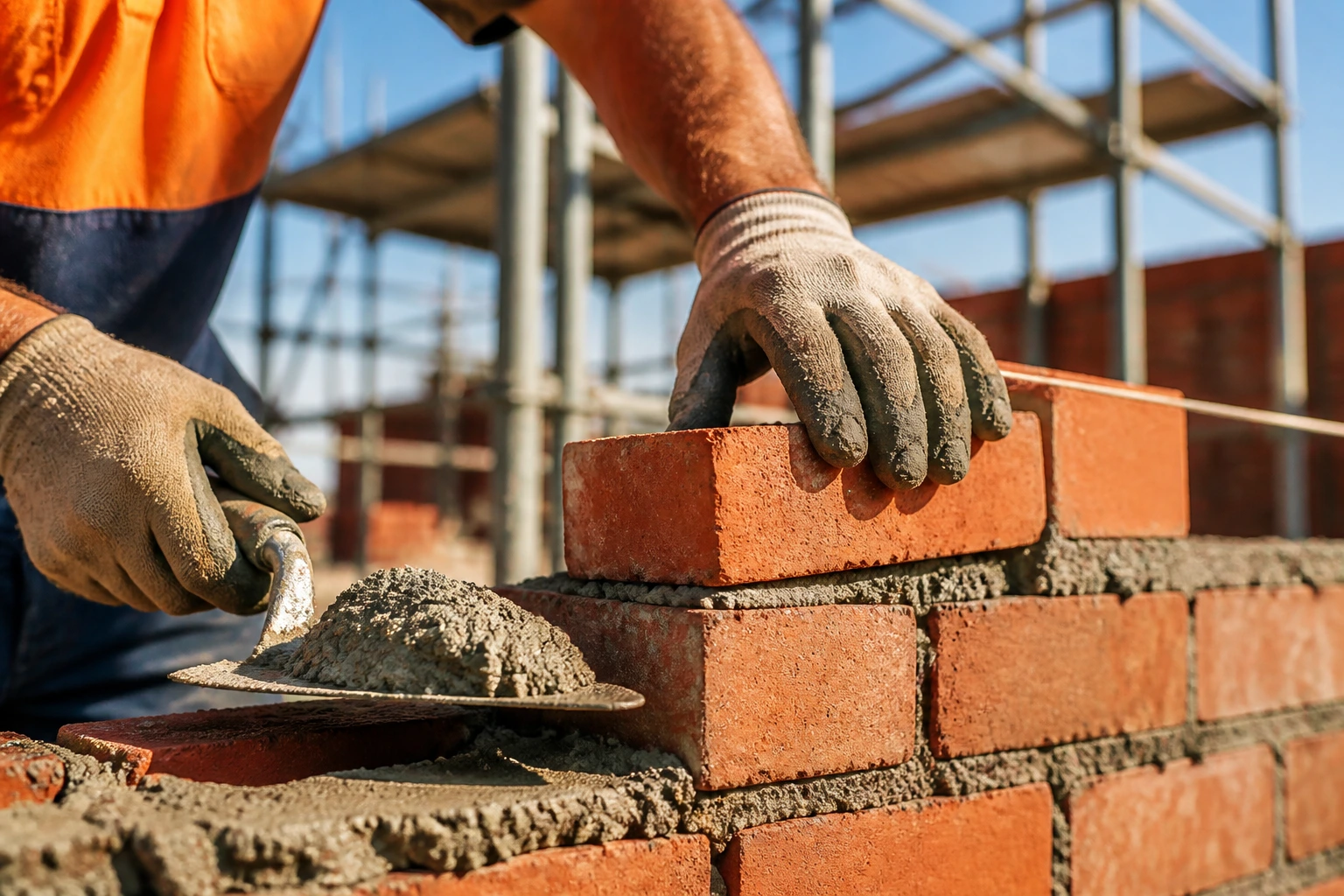 Close-up of a bricklayer's gloved hands laying bricks on a sunlit construction site.
