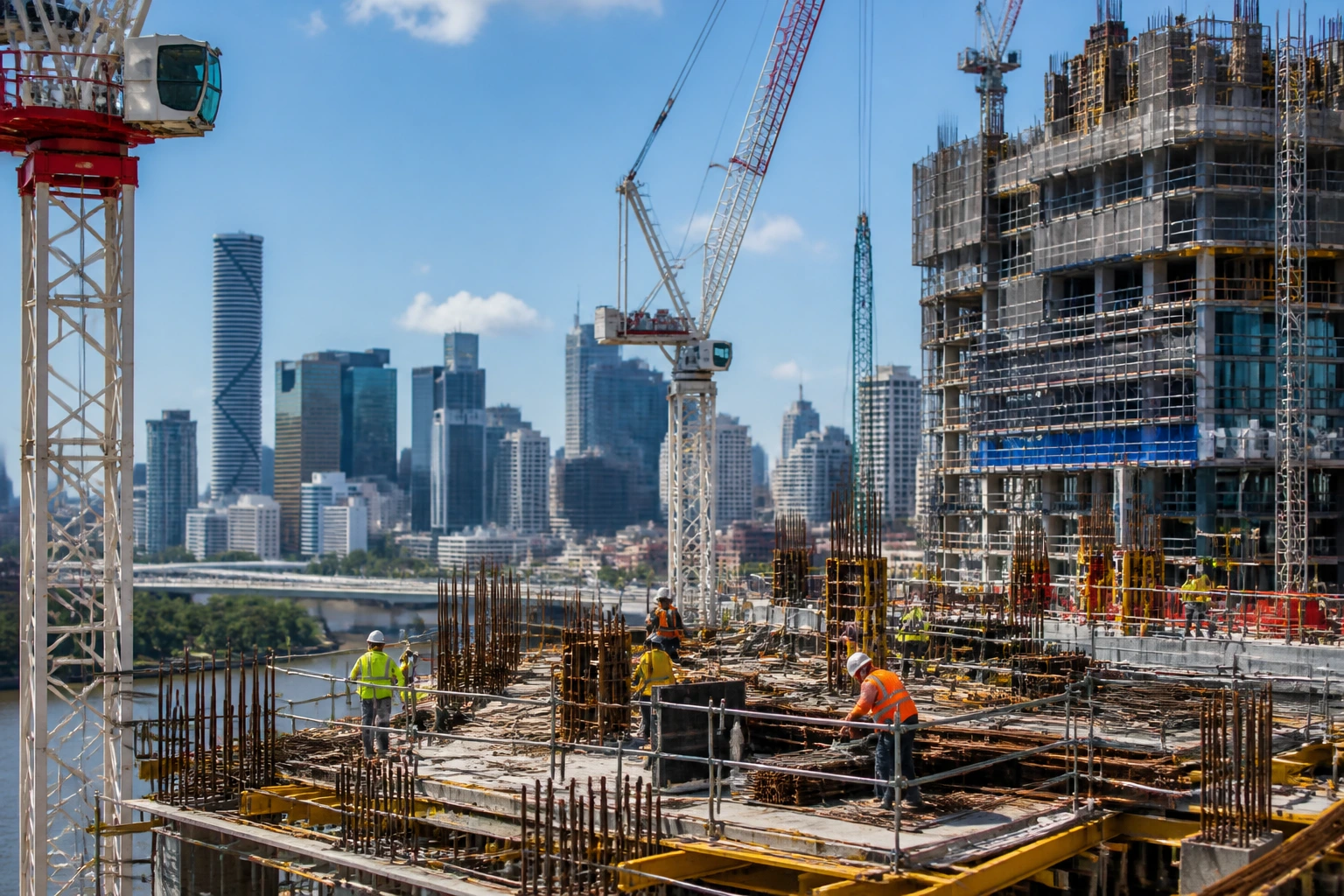 Brisbane construction site with cranes and emerging high-rises.