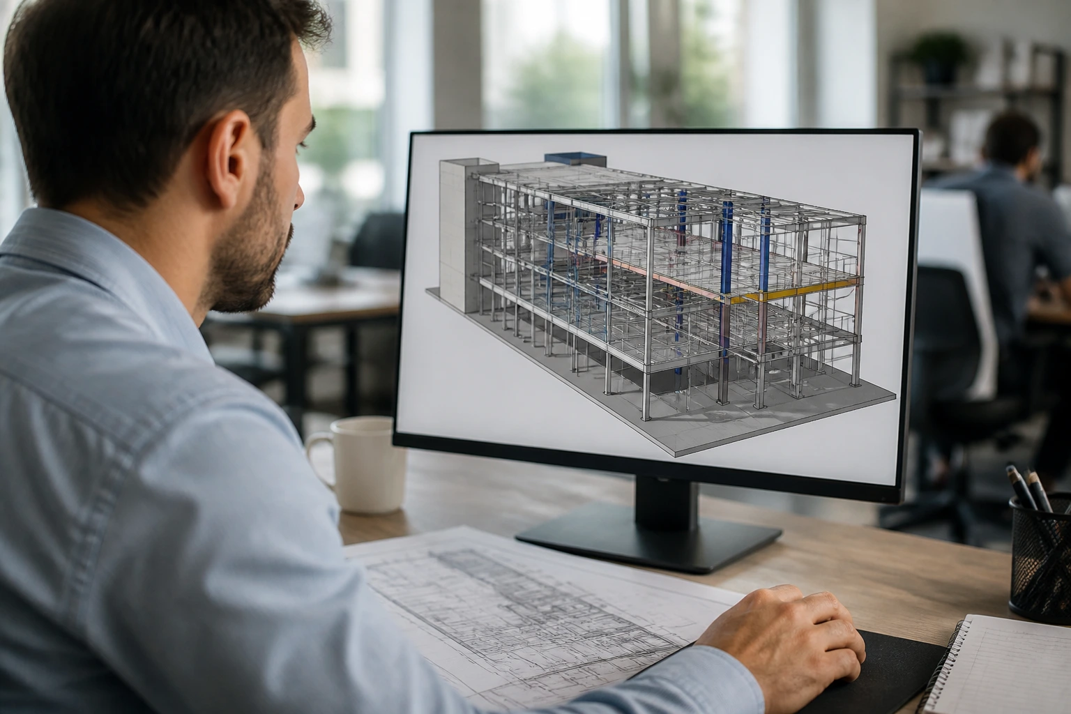 Engineer reviewing BIM/CAD model in an office environment illustrating British standards readiness