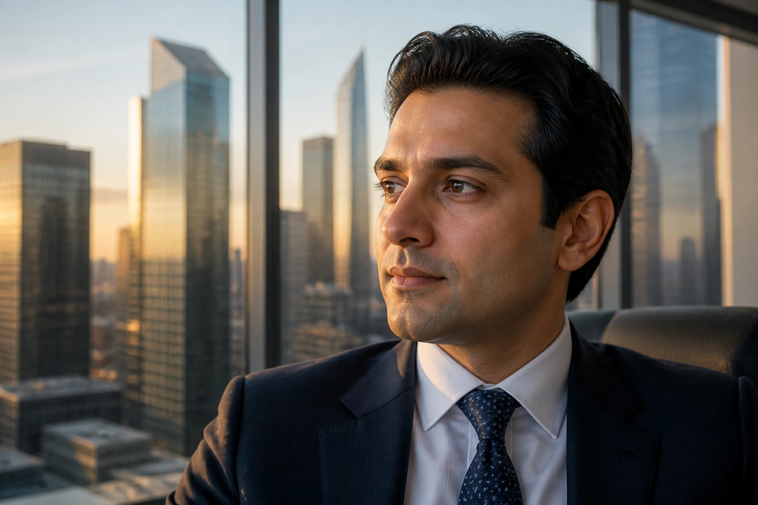Portrait of a Brookfield Asset Management senior investment analyst with city skyline.
