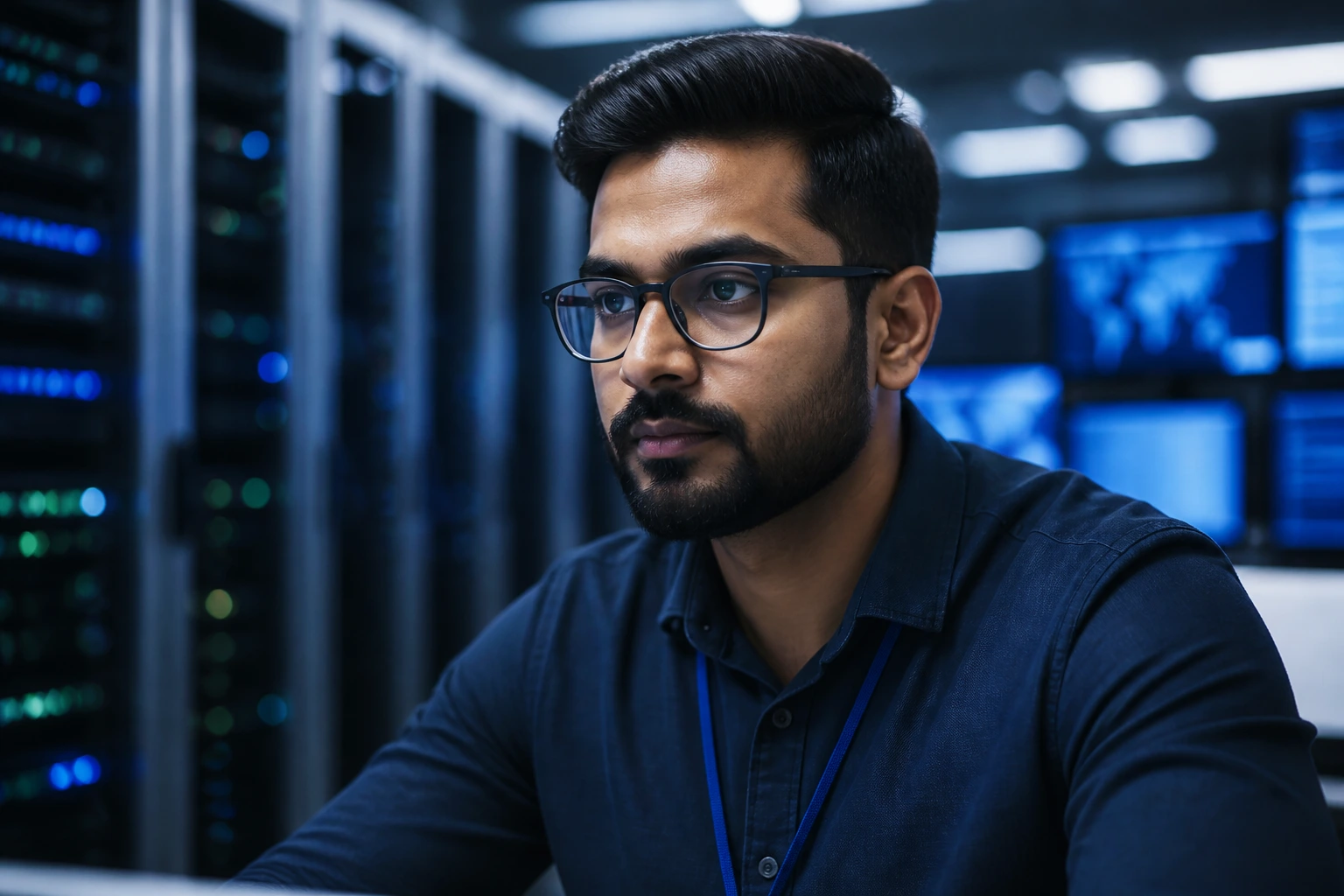 Close-up head-and-shoulders portrait of a BT Group IT architect in a data center