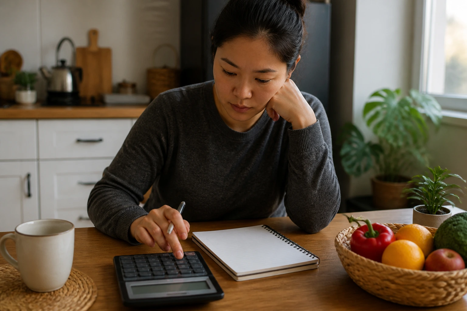 Portrait of a person budgeting at a kitchen table with a calculator