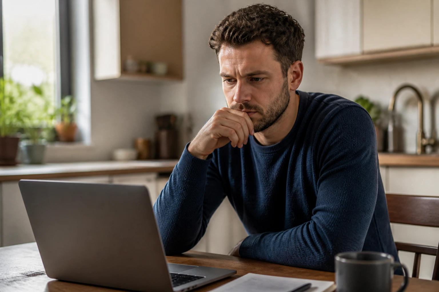 Close-up portrait of a person contemplating cost of living in the UK at home
