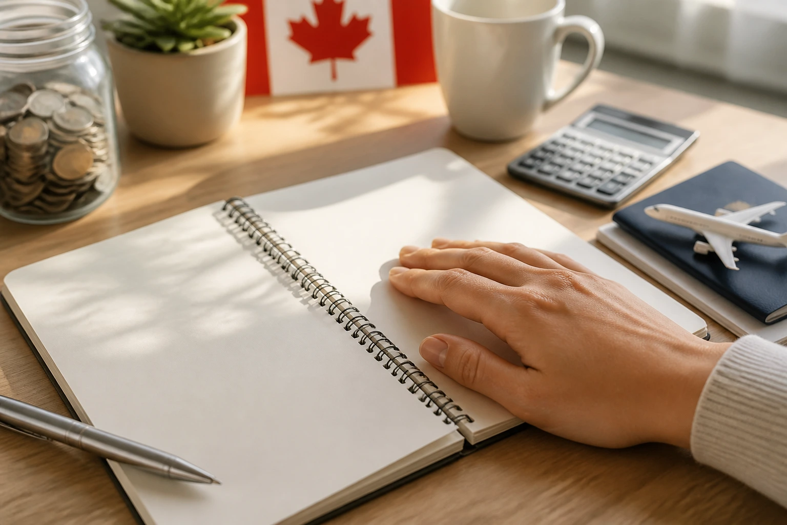 Blank budgeting notebook on desk with hand nearby, no text visible