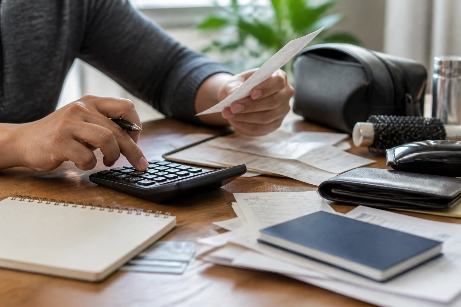 Hands with calculator and receipts planning costs before first payday.