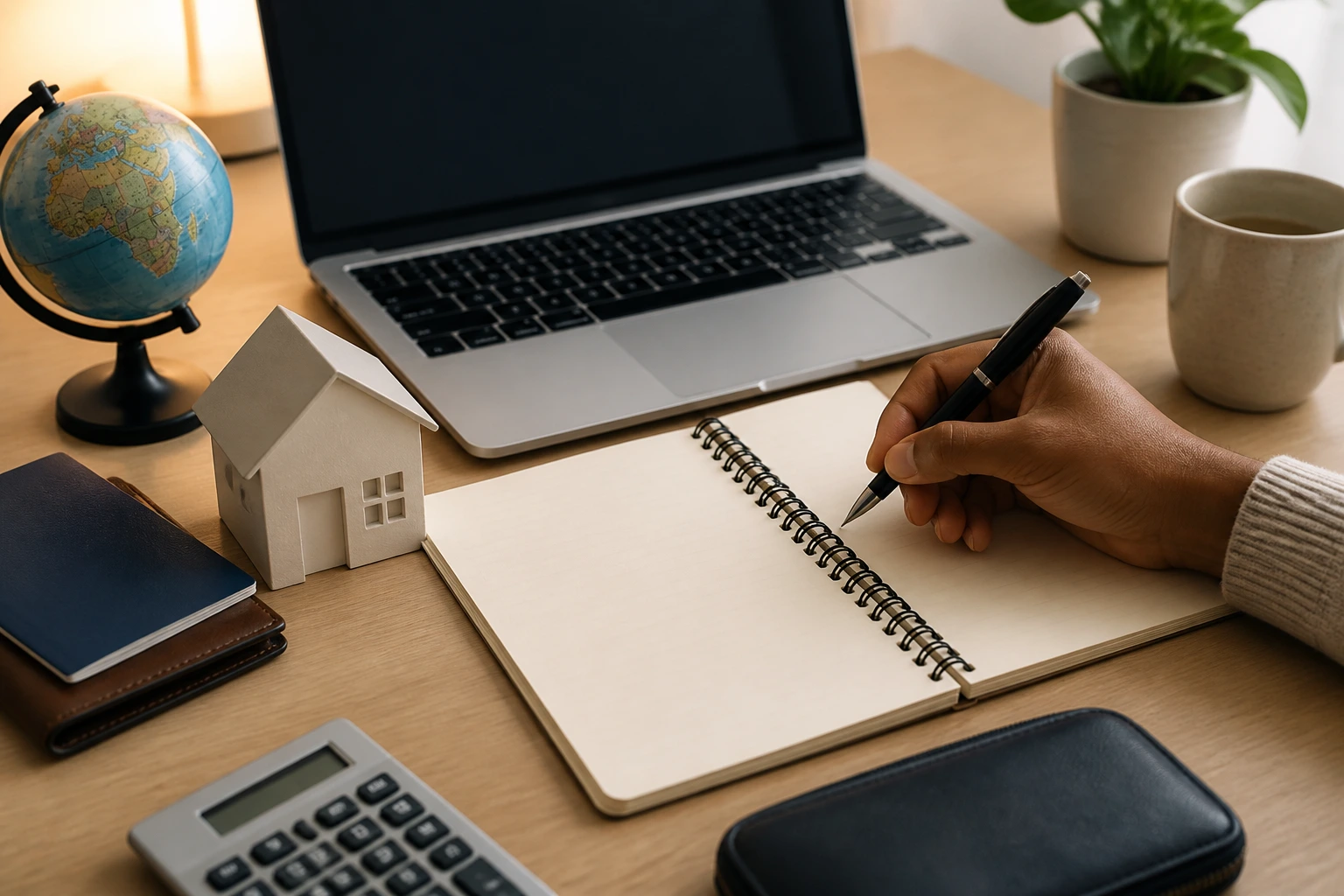 Close-up of blank budget notebook with a hand writing on a desk