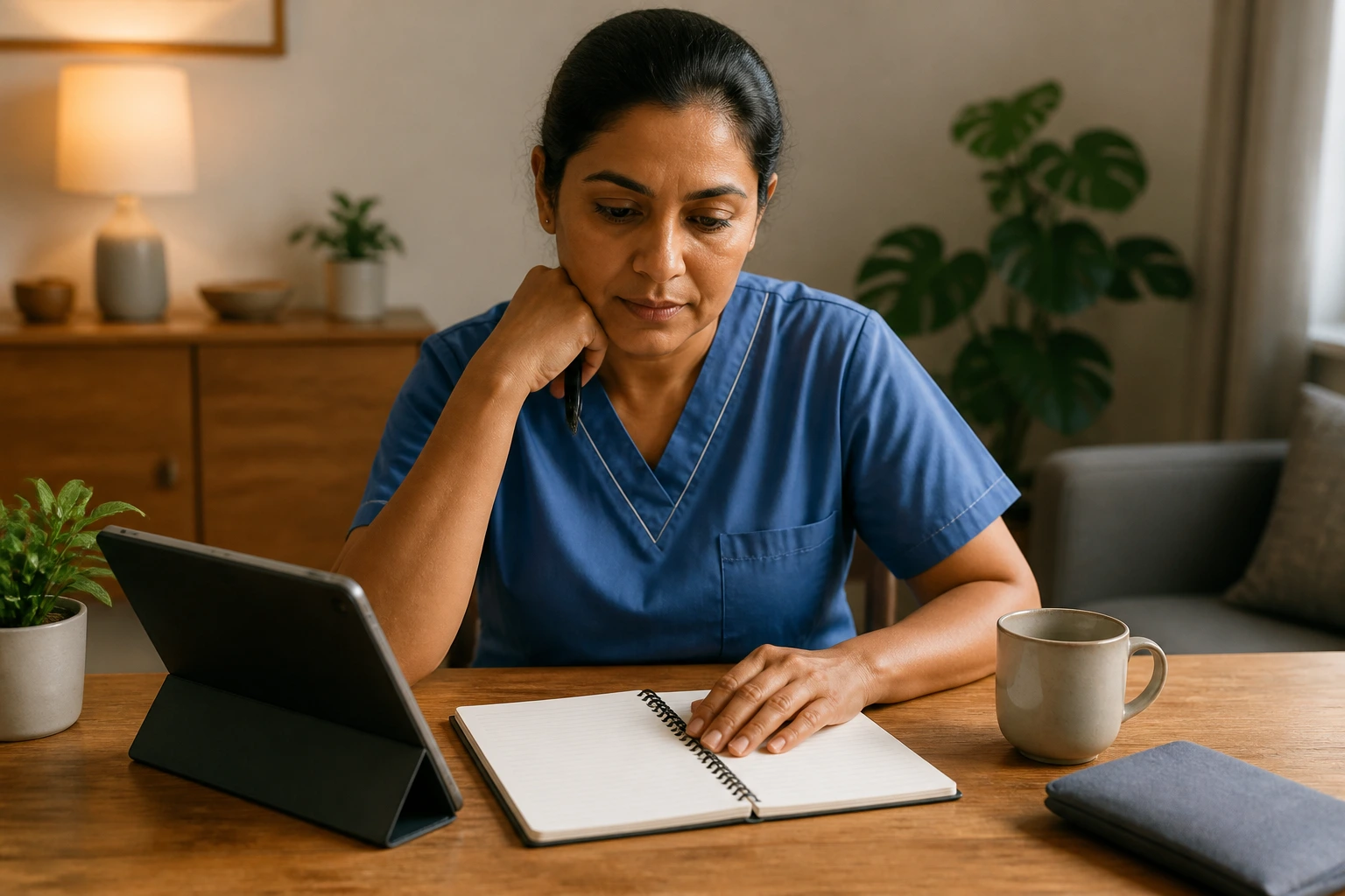 Nurse planning budget at home with blank planner and tablet