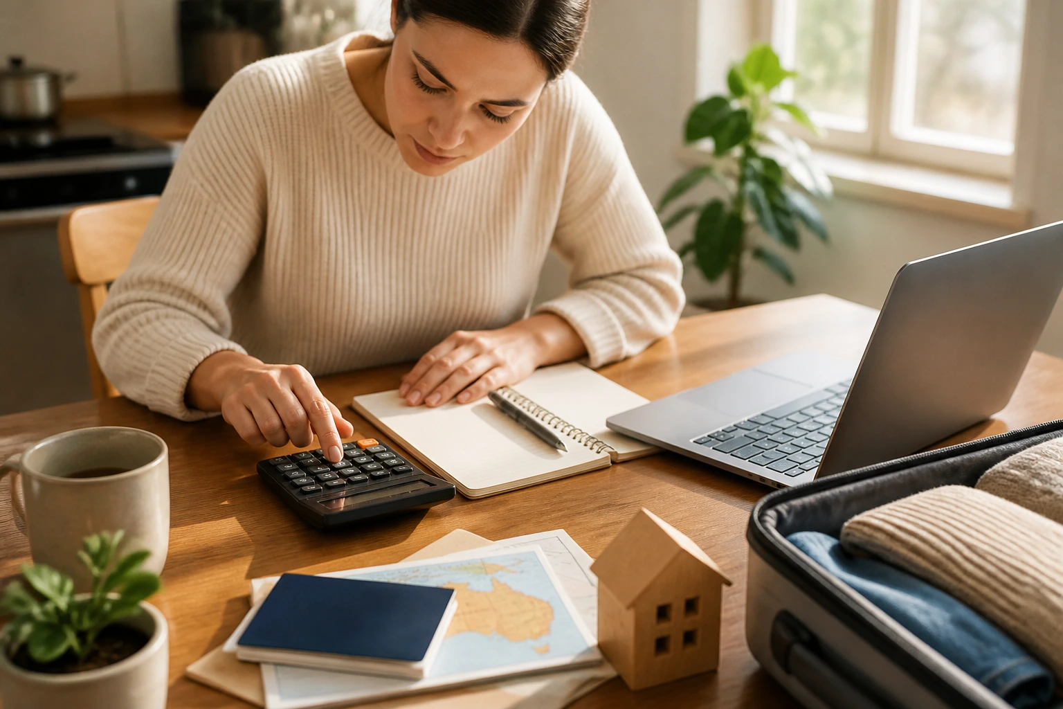 Person budgeting relocation costs for Australia with calculator