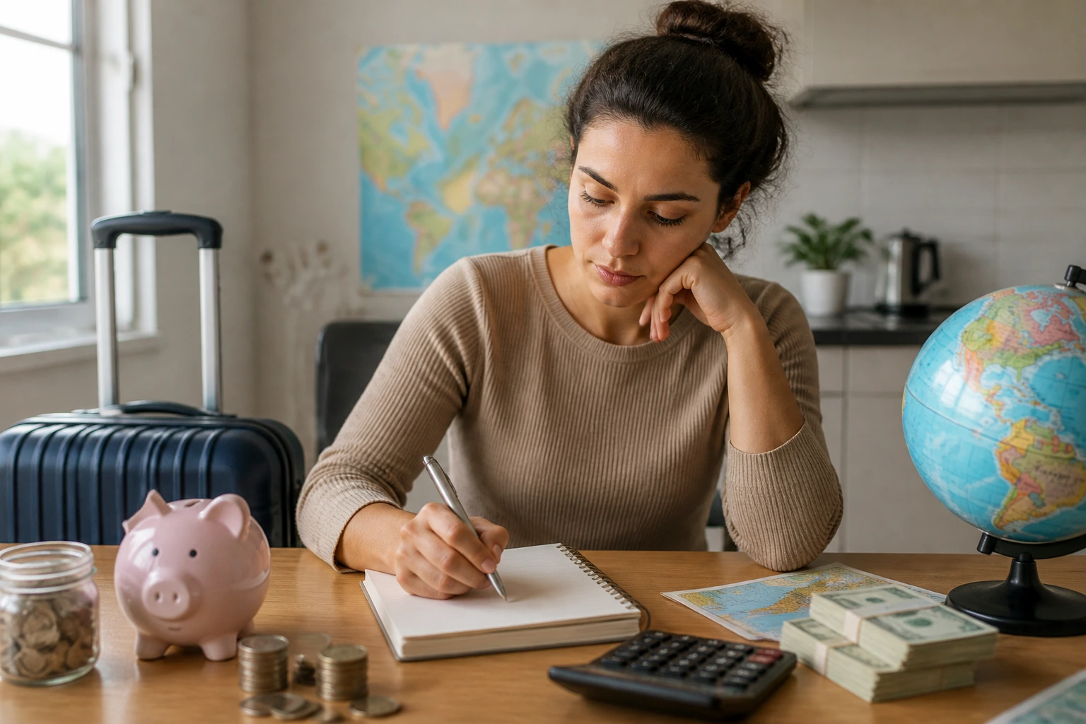 Person budgeting at a kitchen table with a blank notebook and map in view