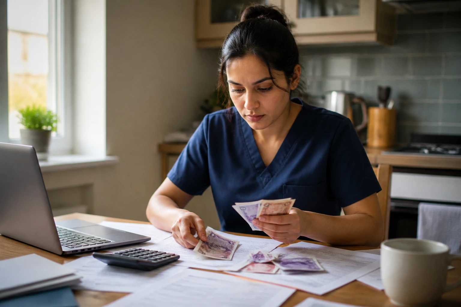 Person budgeting at home with documents and a laptop, illustrating relocation costs