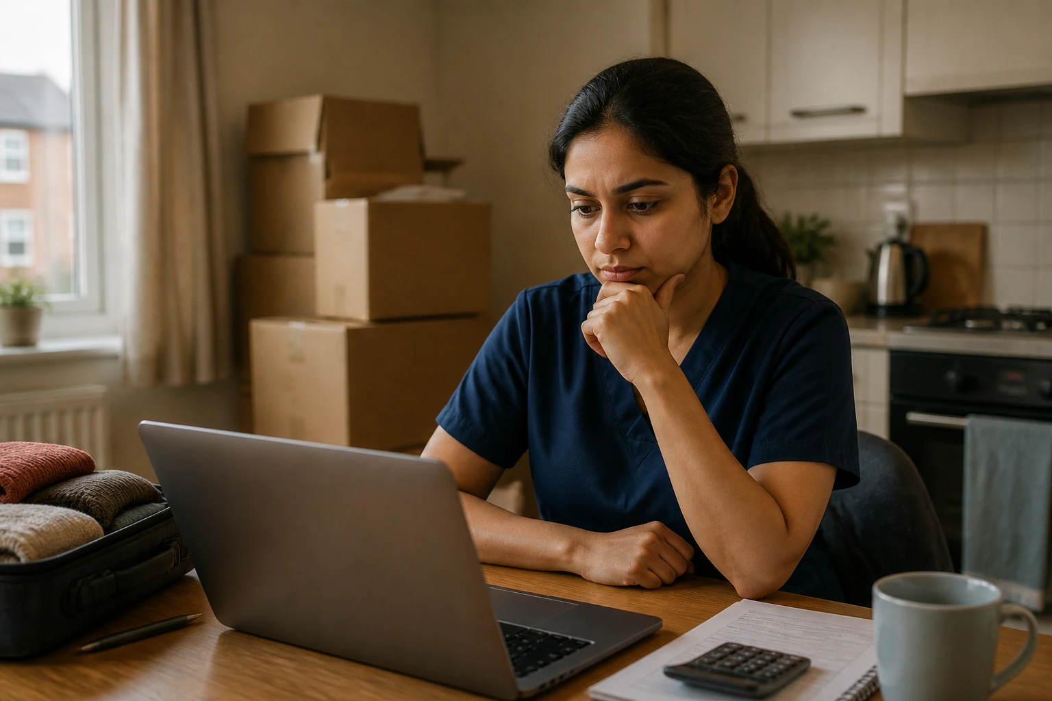 New arrival planning in a modest kitchen with a laptop