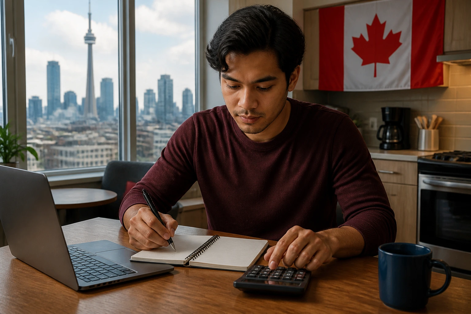 Person budgeting at home with laptop and notebook at a kitchen table