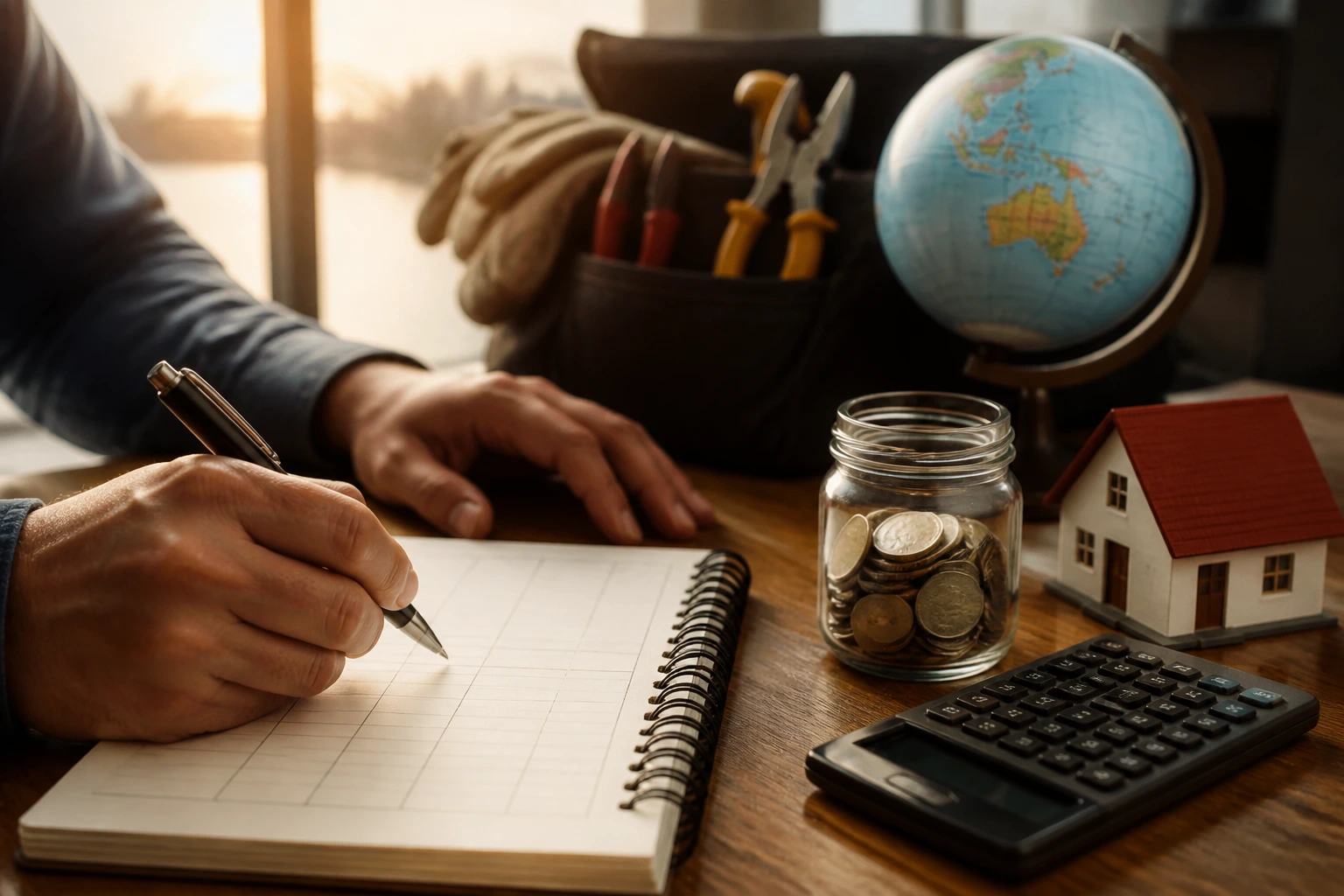 Hands on a blank budgeting sheet with a globe in the background