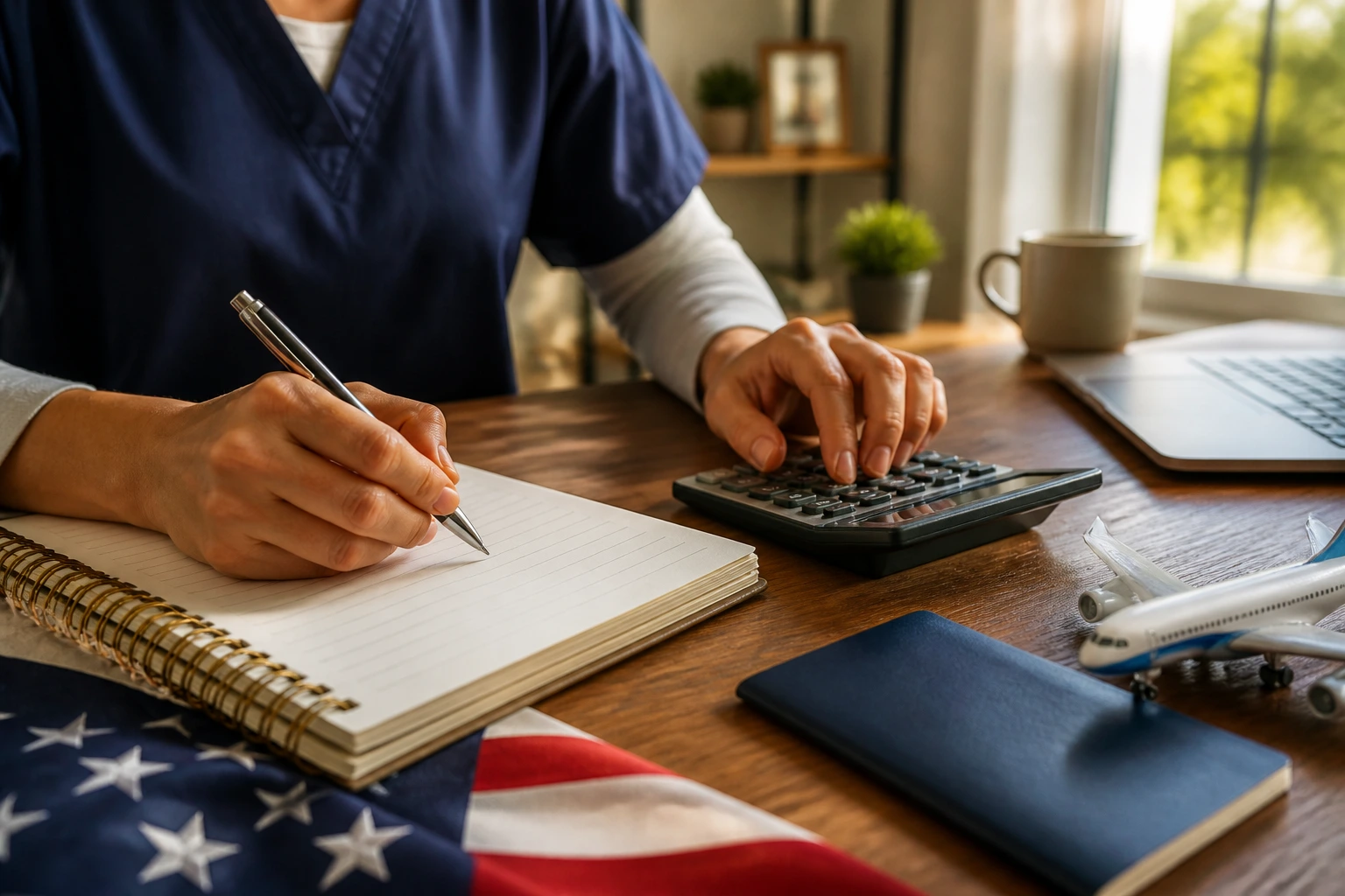 Close-up of hands budgeting for relocation with calculator in a home office