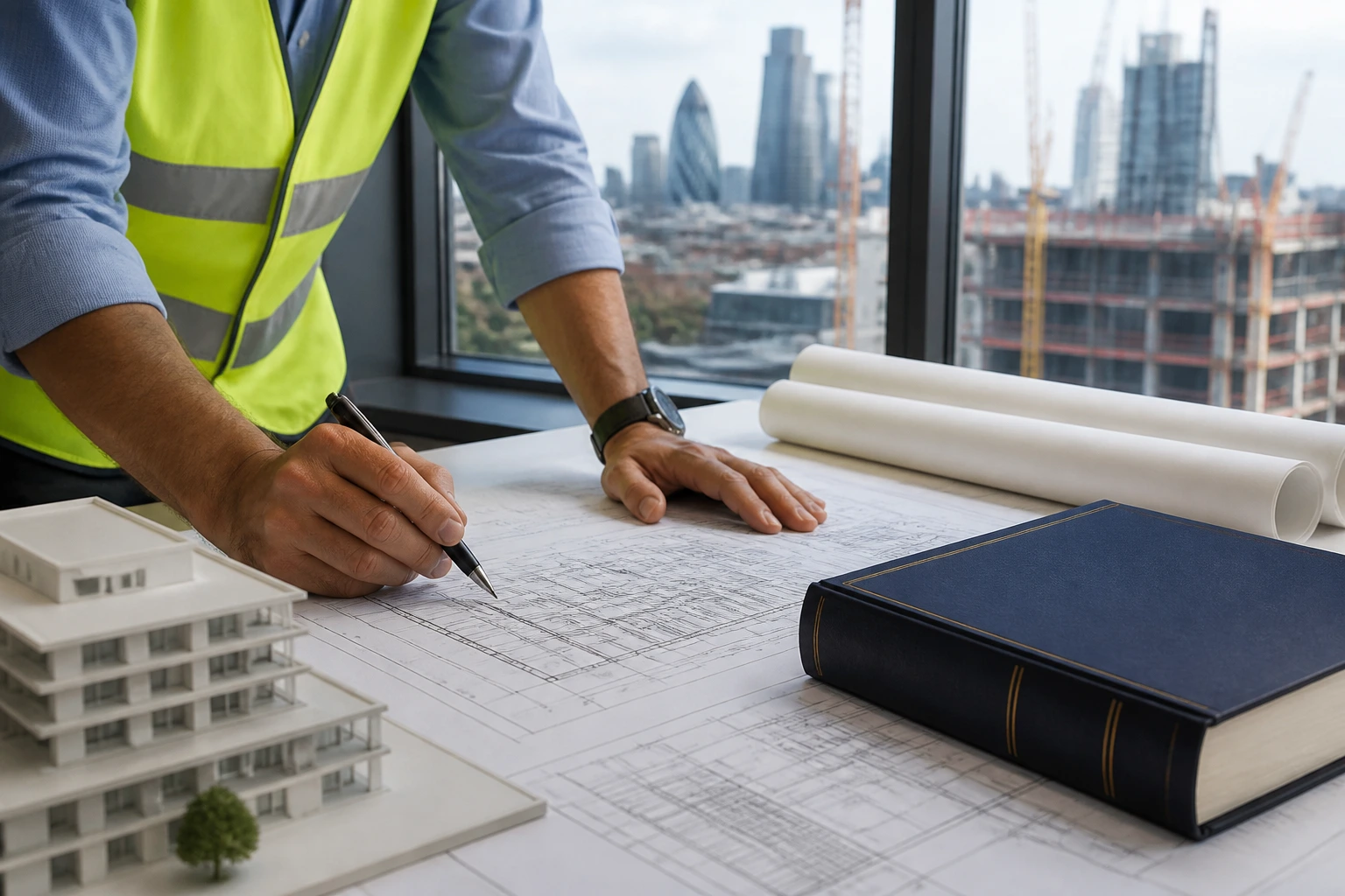 Close-up of engineer hands with blueprints and codebook navigating UK Eurocodes