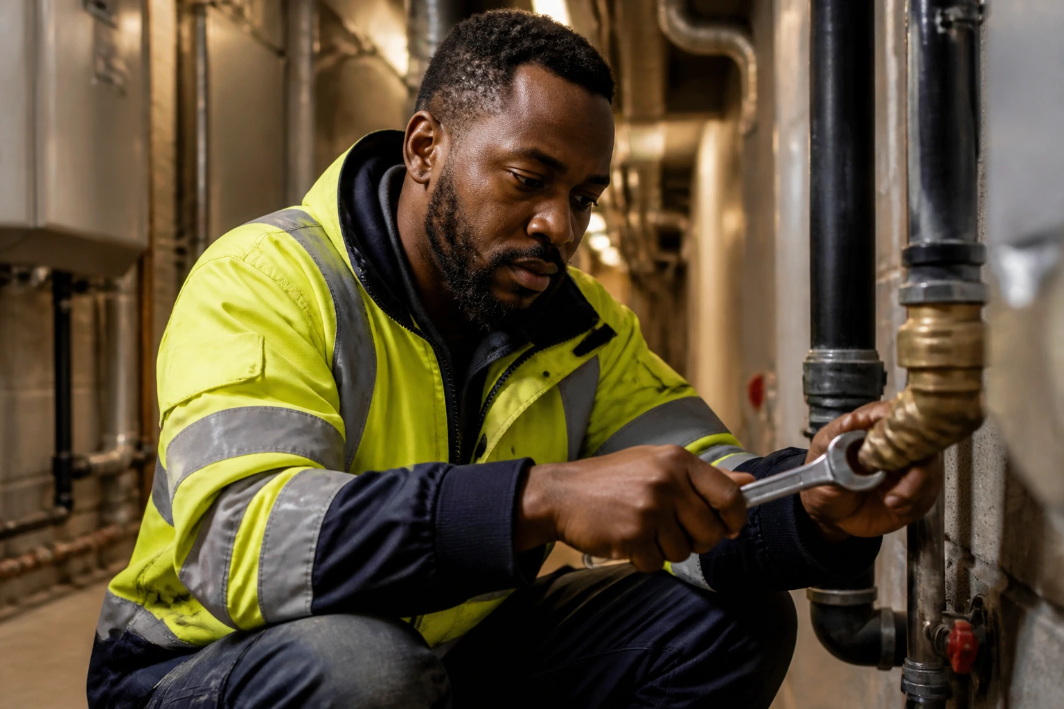 Close-up portrait of a real building maintenance worker in uniform performing a repair in a condo hallway