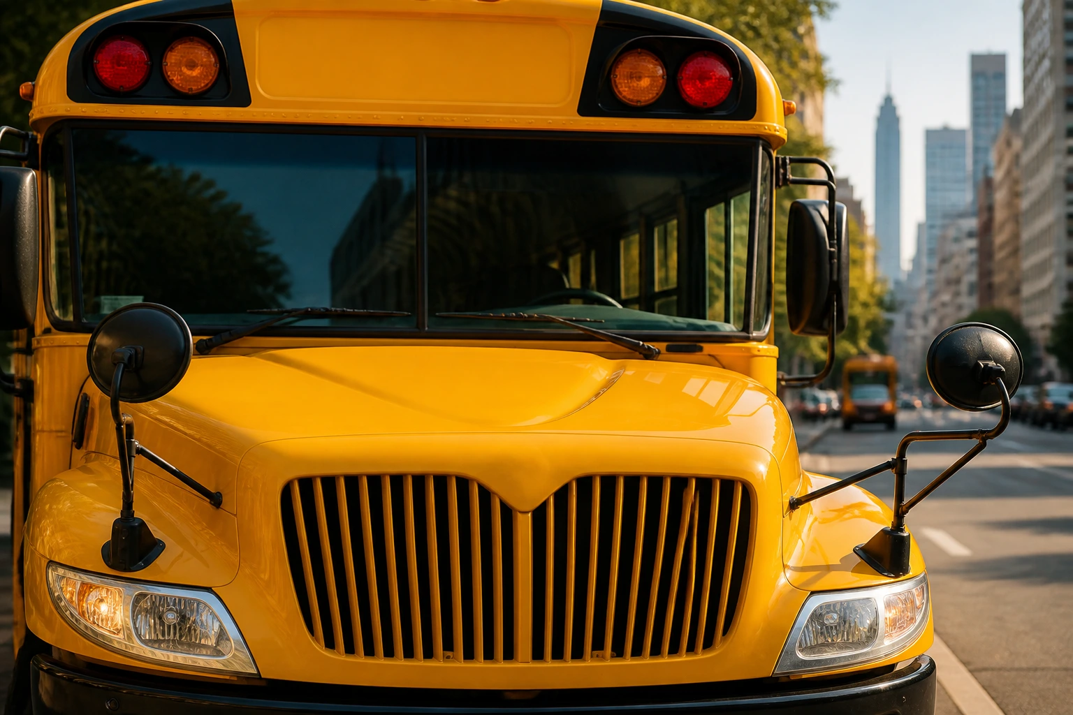 Close-up of a yellow school bus front with city backdrop