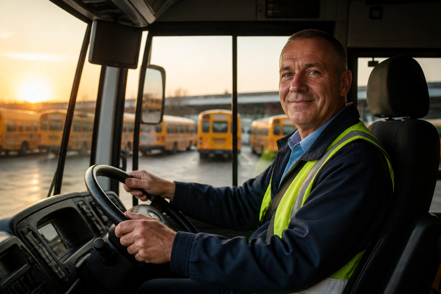 Close-up of a real school bus driver in uniform inside the cab at dawn