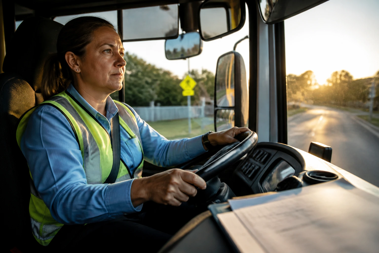 Close-up of a bus driver in the cab, focused during the first month on the road