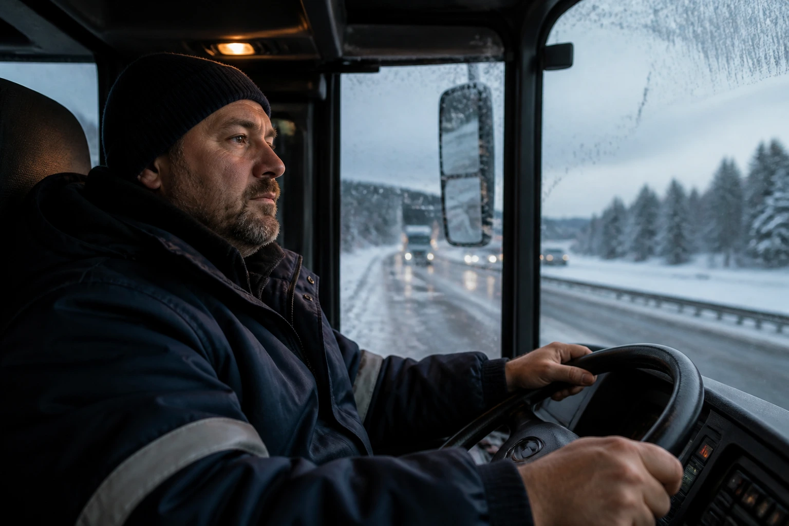 Close-up of a bus driver in the cockpit with snowy highway outside