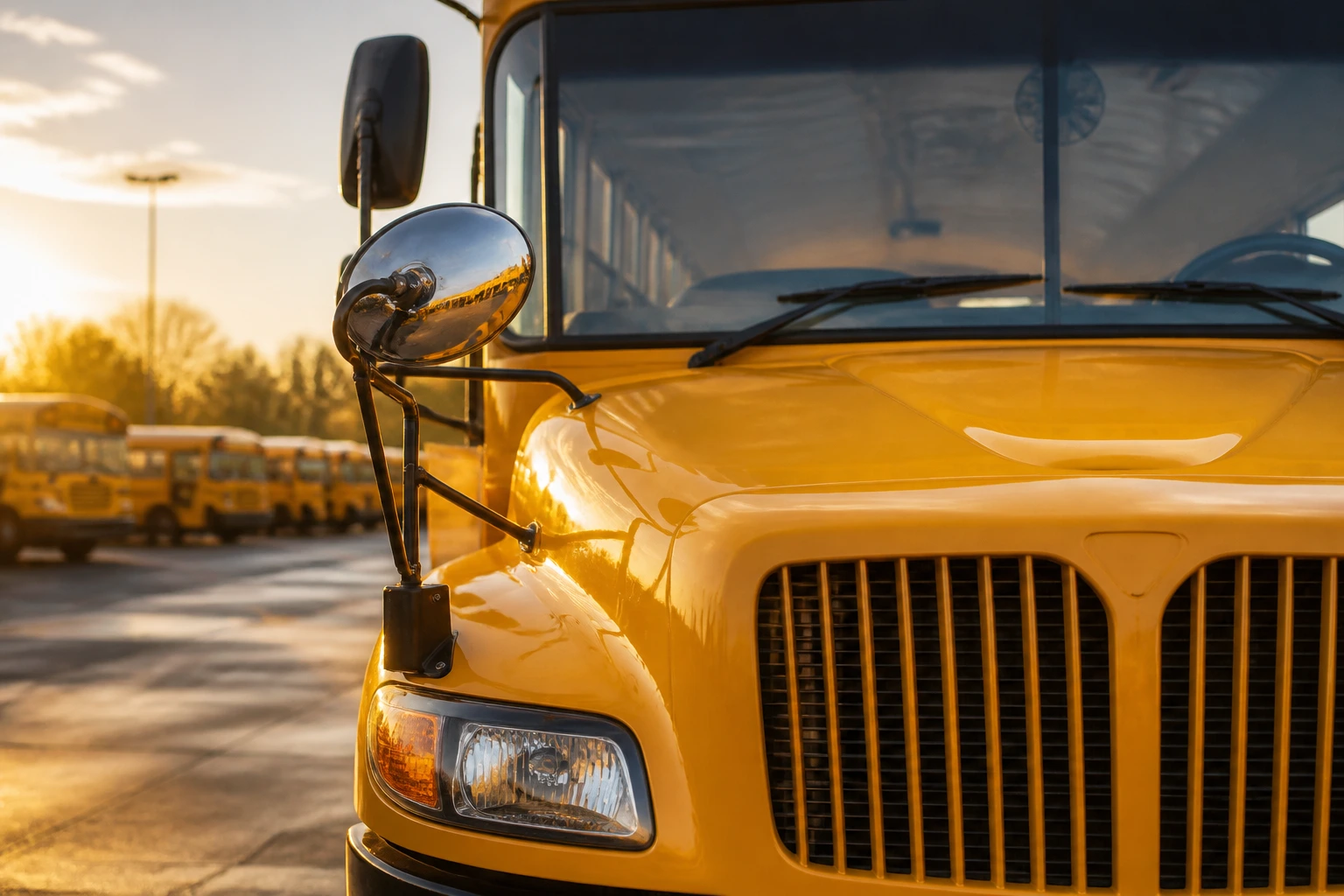 Close-up of the front of a yellow school bus in a morning yard