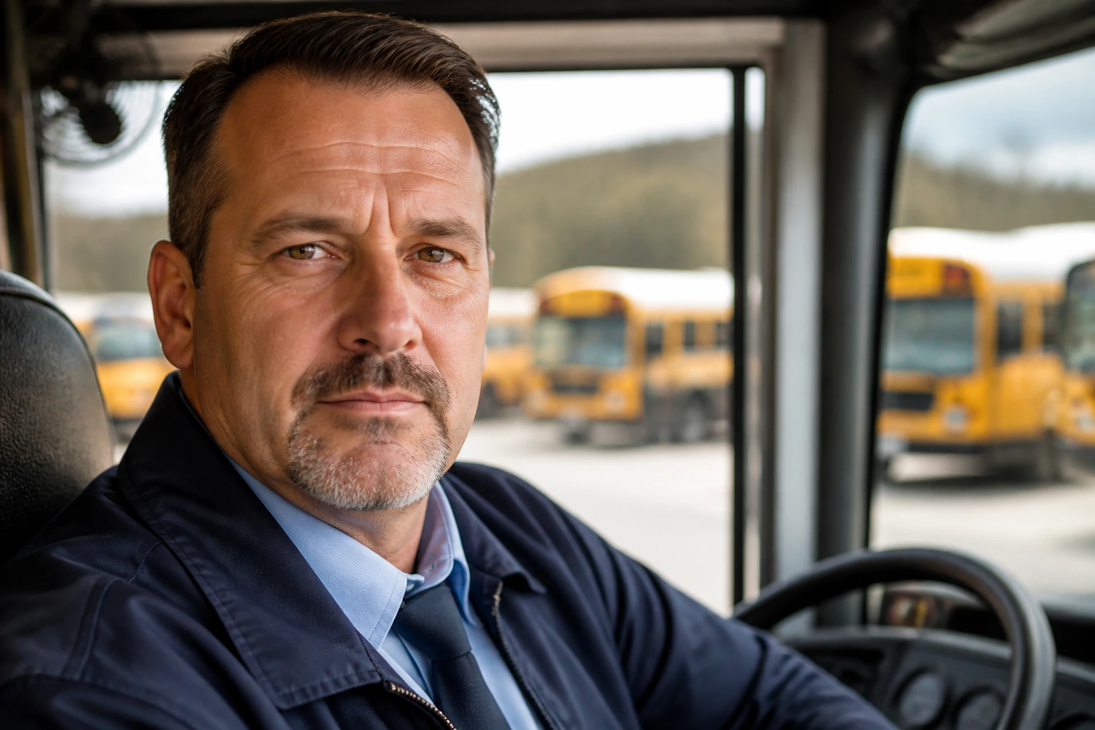 Close-up bus driver in uniform, thoughtful look, inside bus cabin with yard in soft focus