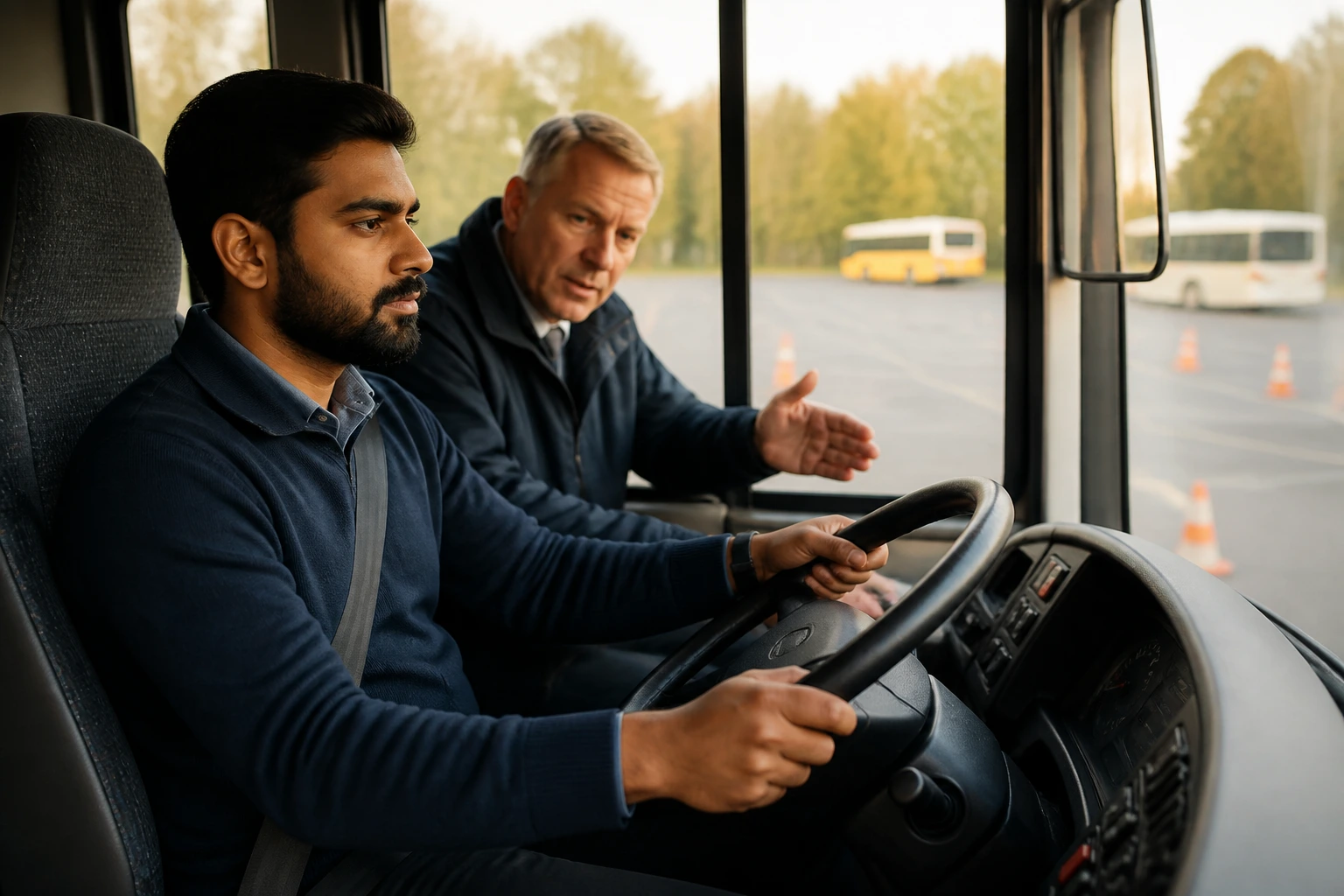Driver in training behind the wheel of a bus