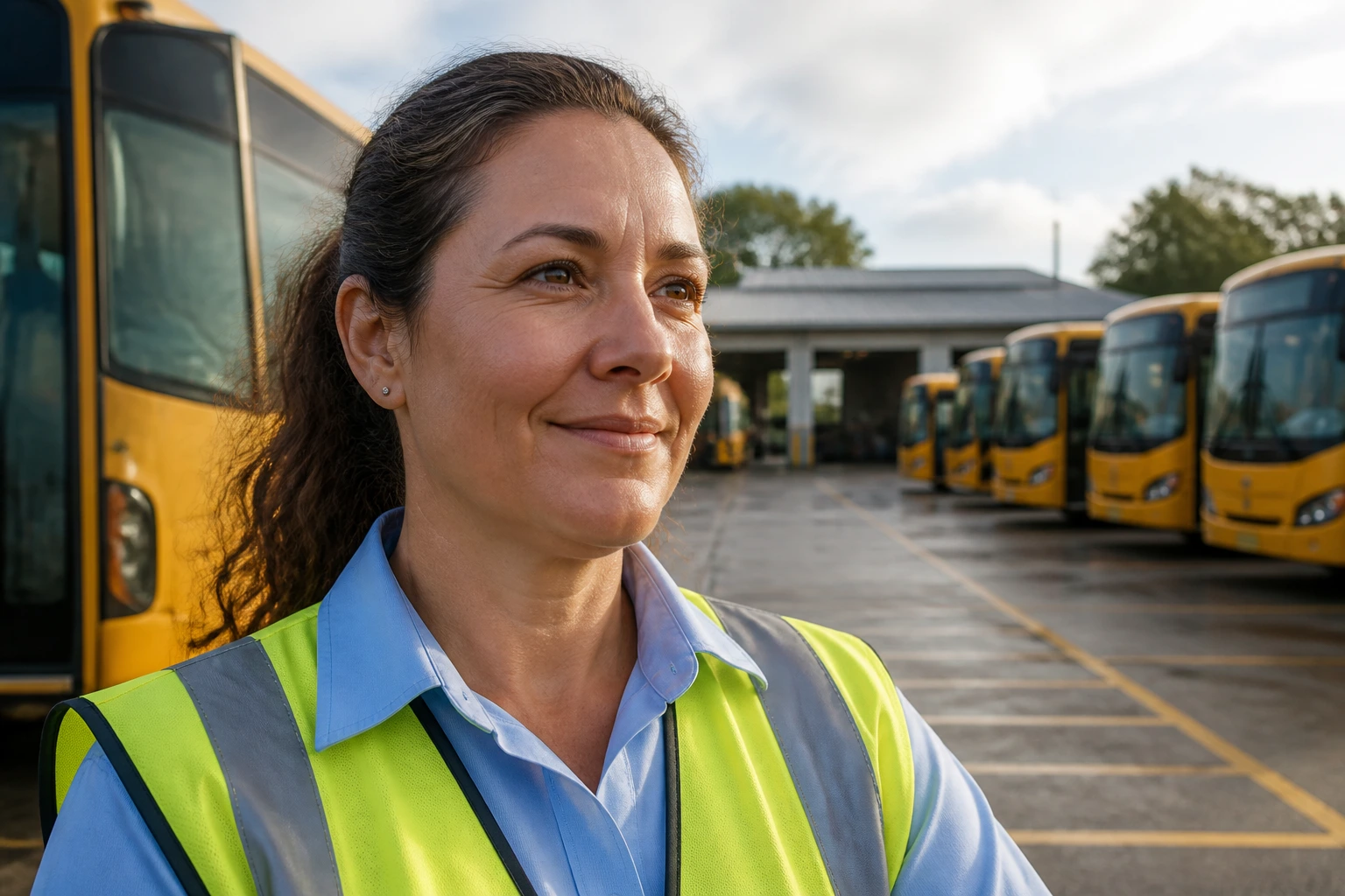 Close-up of a bus driver in uniform at a regional depot with buses in the background, daylight
