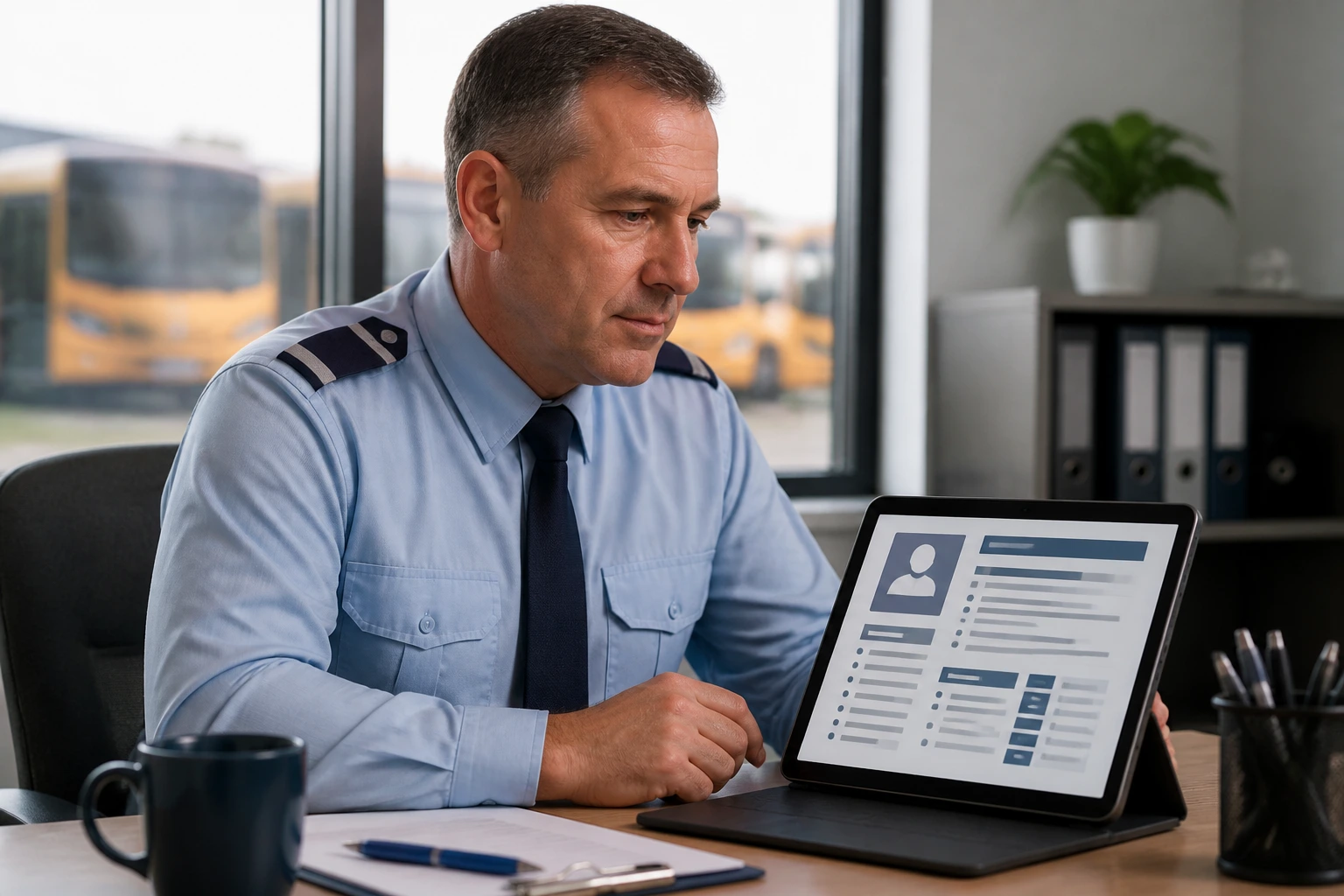 Bus driver in uniform reviewing a resume on a tablet in an office