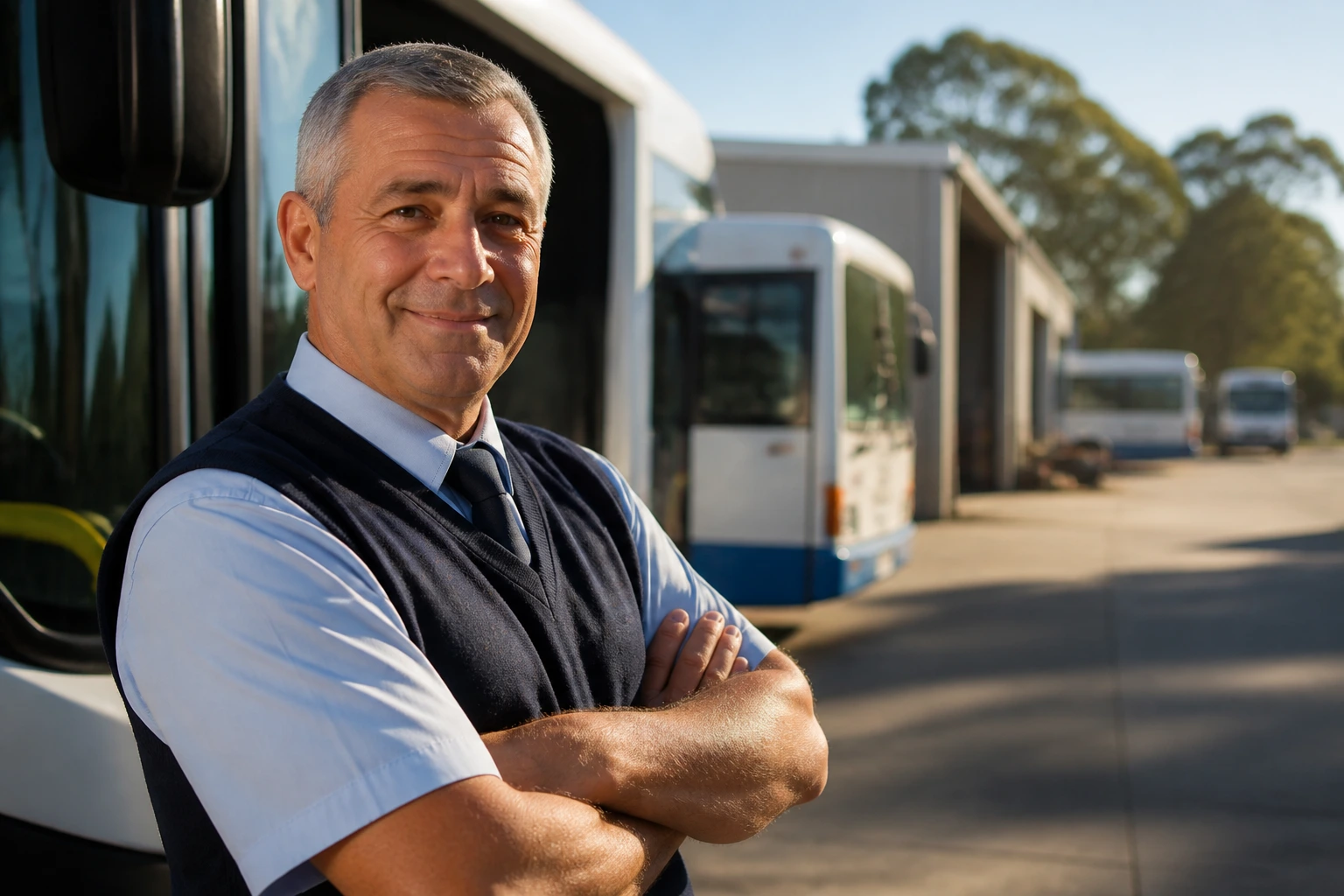 Bus driver at regional depot edge with buses in background