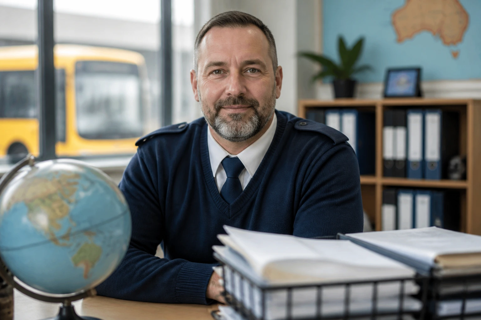 Medium close-up of a bus driver in uniform with office background hinting at visa pathways