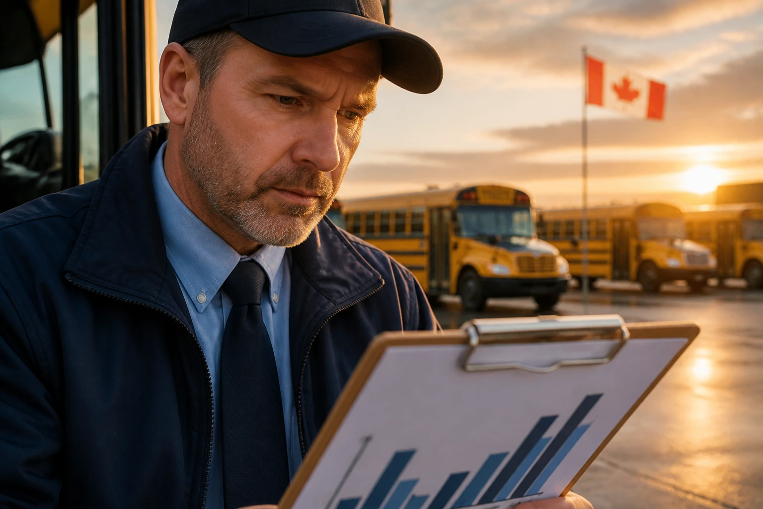 Close up of a bus driver reviewing a chart in a Canadian bus yard at dawn
