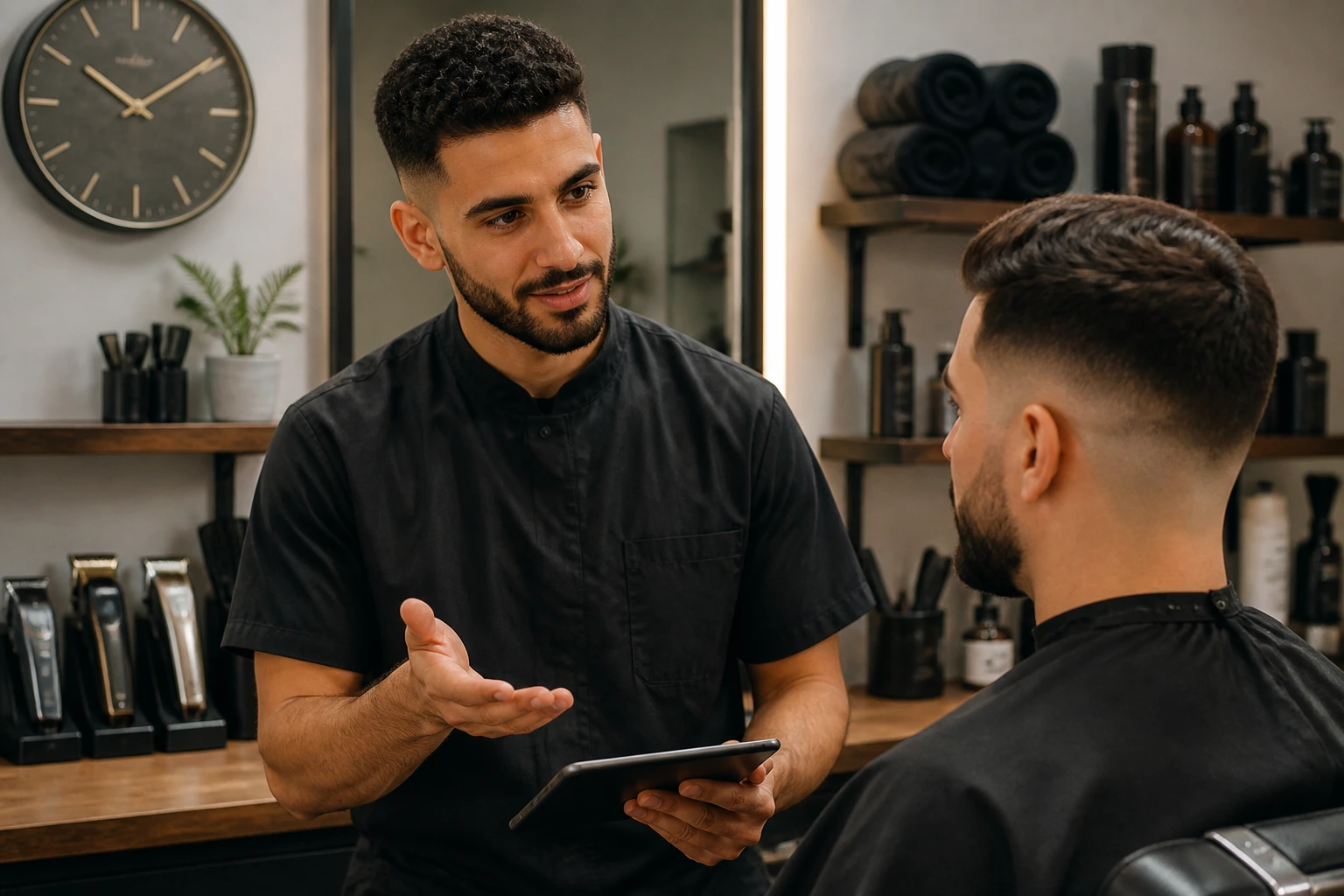 Barber at tidy station showing professional business-ready demeanor