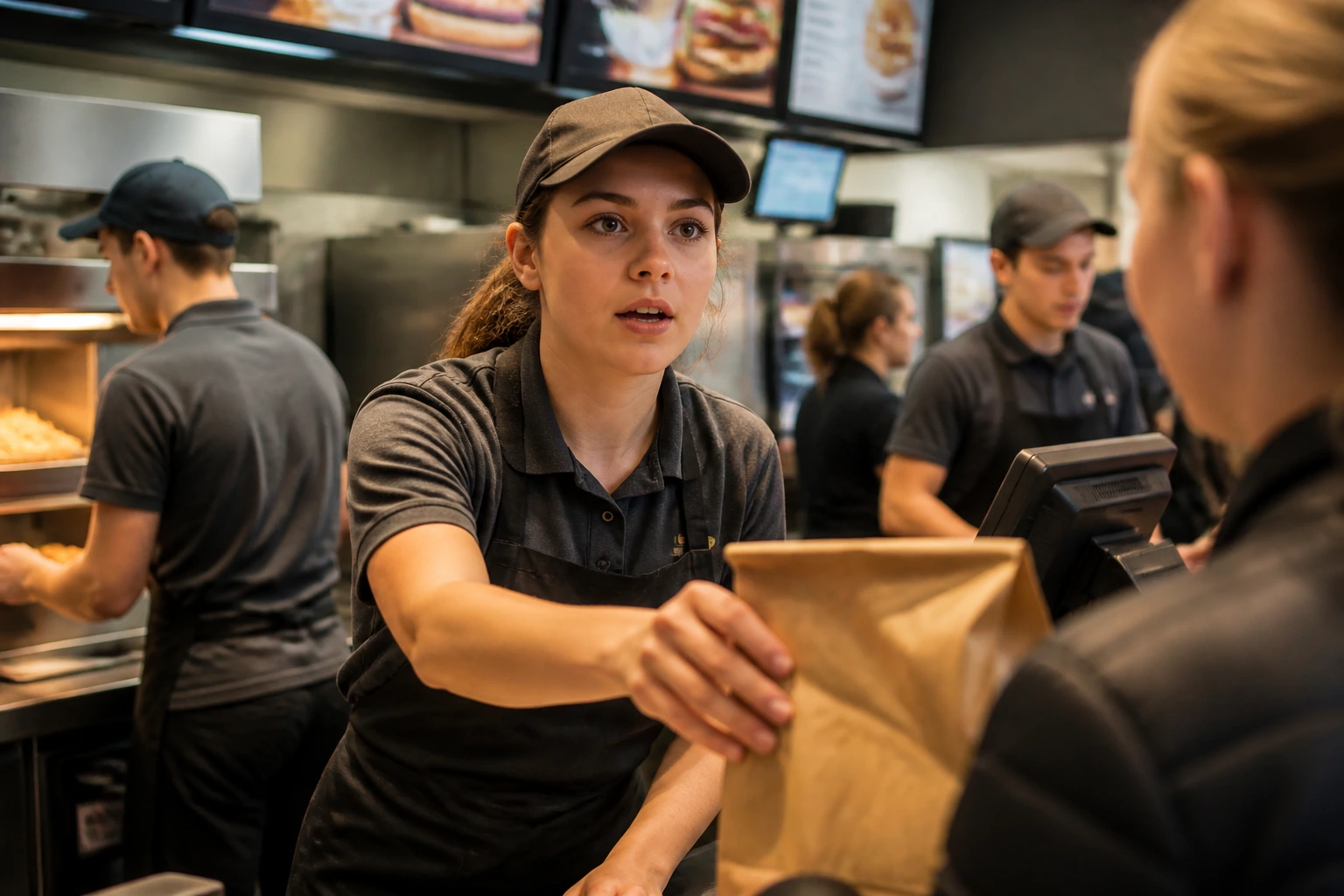 Portrait of a fast-food crew member at the service counter in a busy restaurant