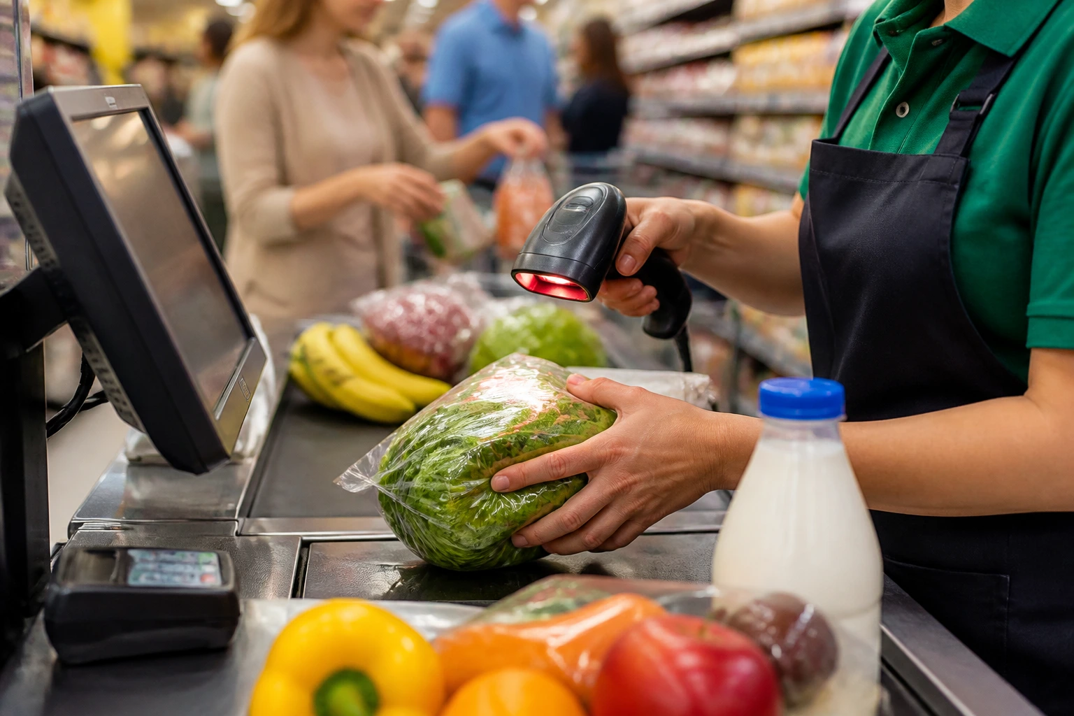 Close-up of a cashier's hands scanning items at a busy register