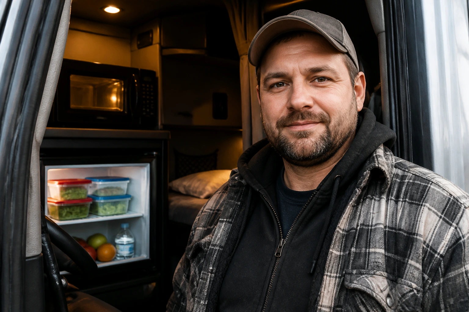 Truck driver in sleeper cab doorway with fridge visible, portrait.