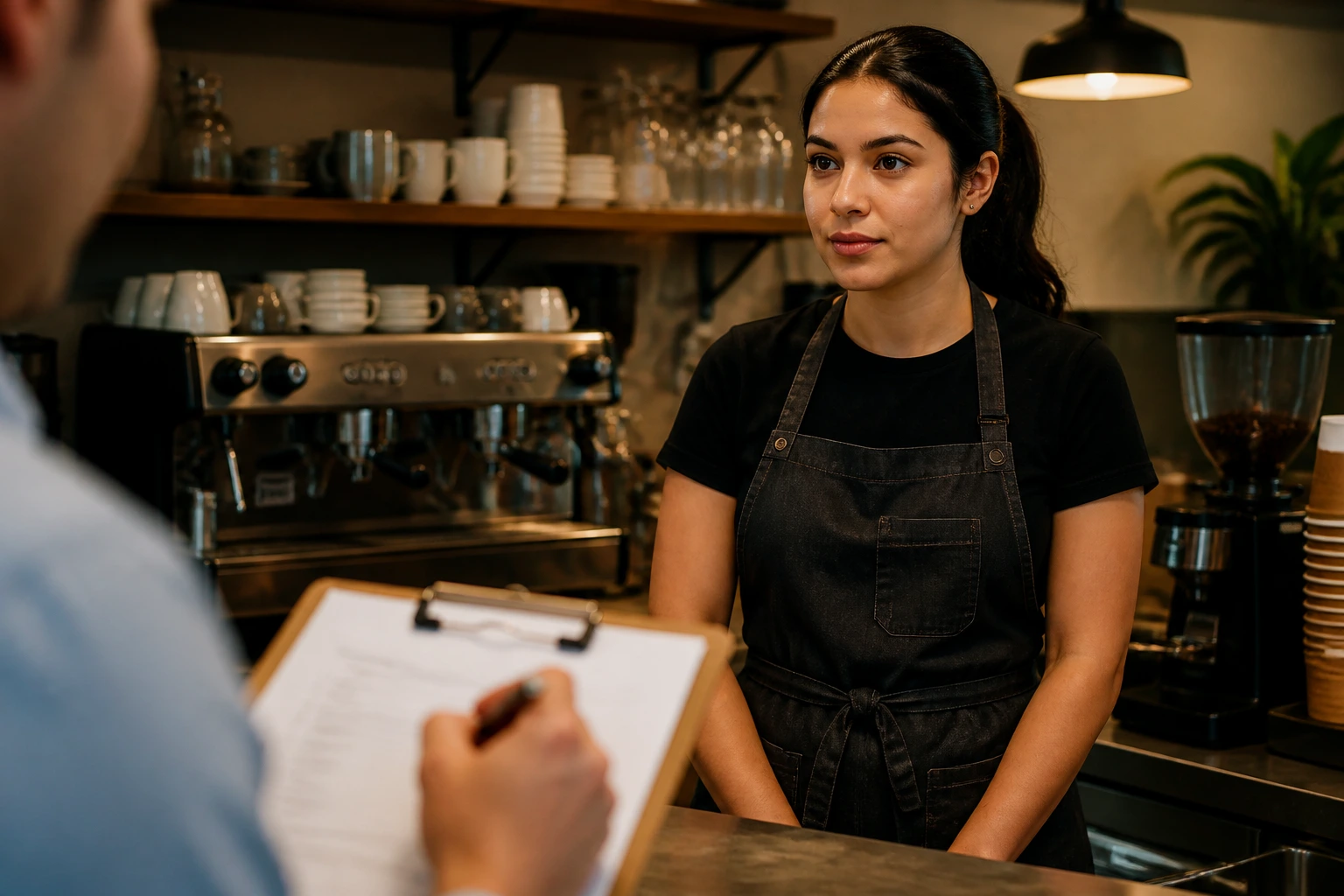Portrait of a barista candidate behind a cafe counter with a manager evaluating (no visible text)