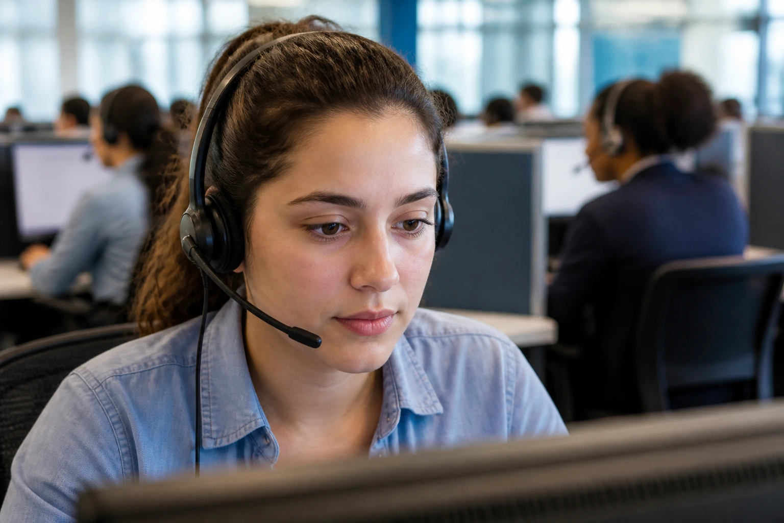 Close-up of a real call center agent wearing a headset on the floor, focused on work